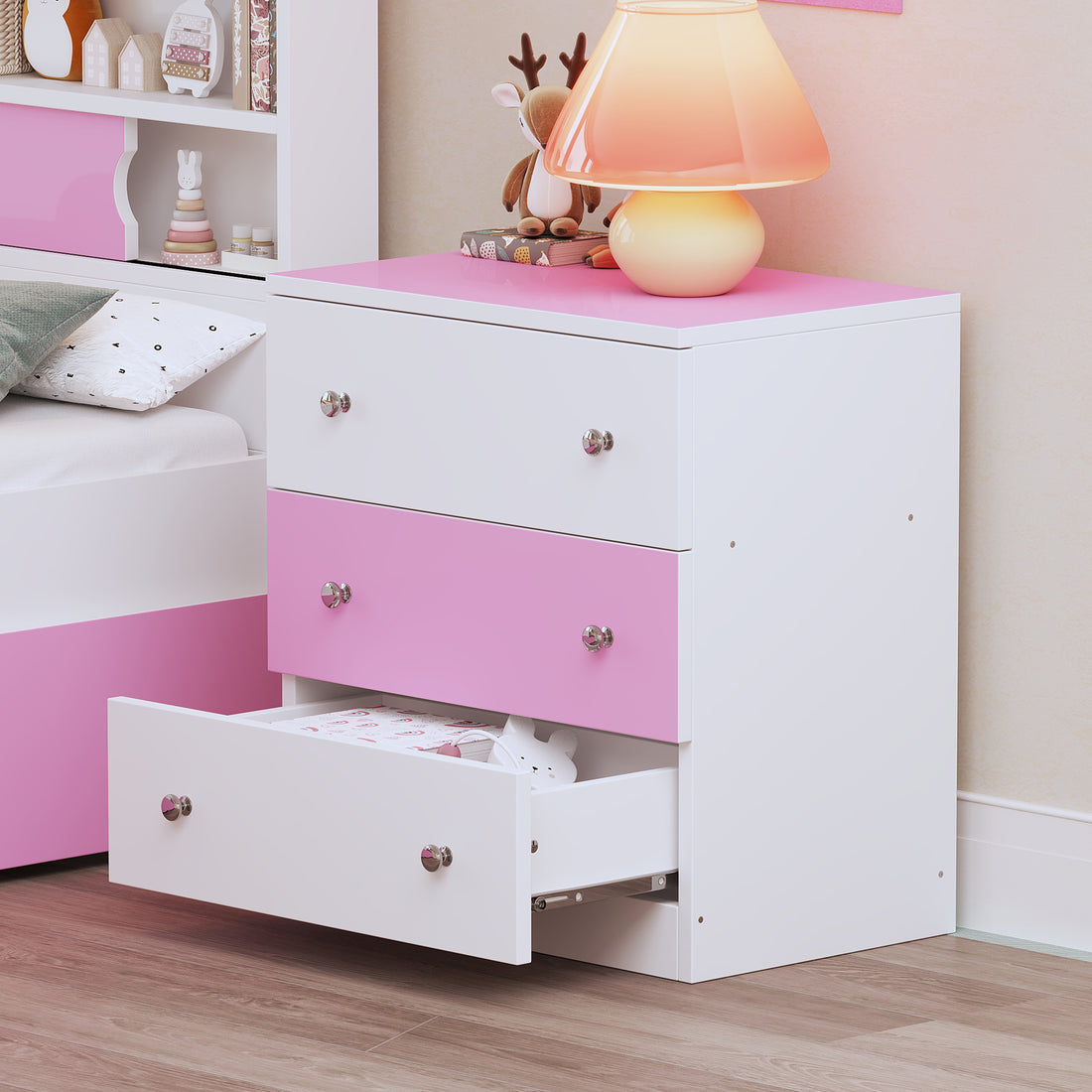 3 Drawer Wooden Nightstand With Colorblock Design And Plastic Handle, Wood Side Table With Storage Cabinet For Bedroom, White Pink White Pink Wood