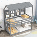 Twin House Loft Bed With Guardrails, Semi Enclosed Roof, Bedside Shelves And Ladder, Grey Twin Gray Bedroom American Design Pine Pine