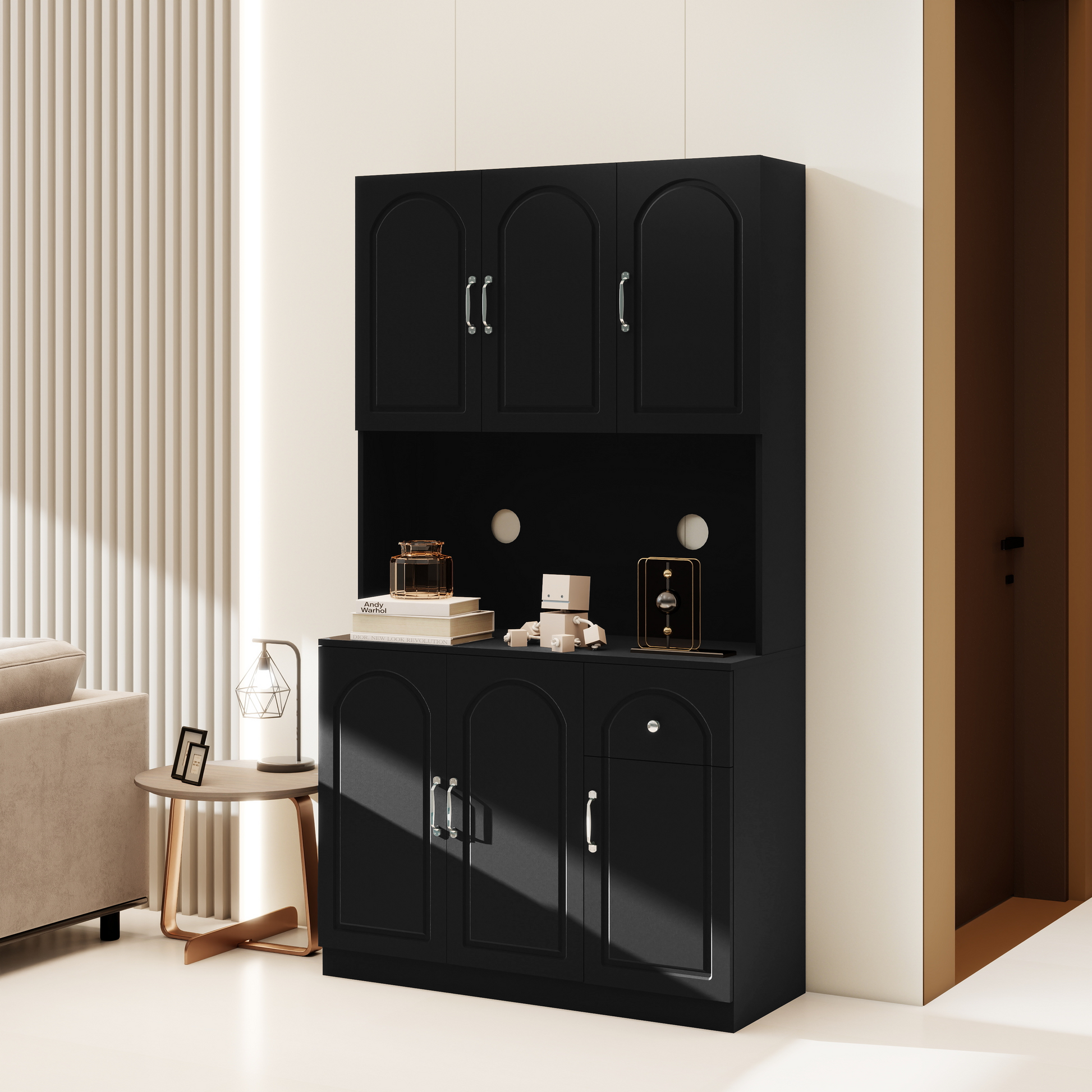 71" Kitchen Pantry Storage Cabinet With Microwave Oven Countertop, Freestanding Hutch Cabinet With Adjustable Shelves, 6 Doors And 1 Drawer Black Black Mdf