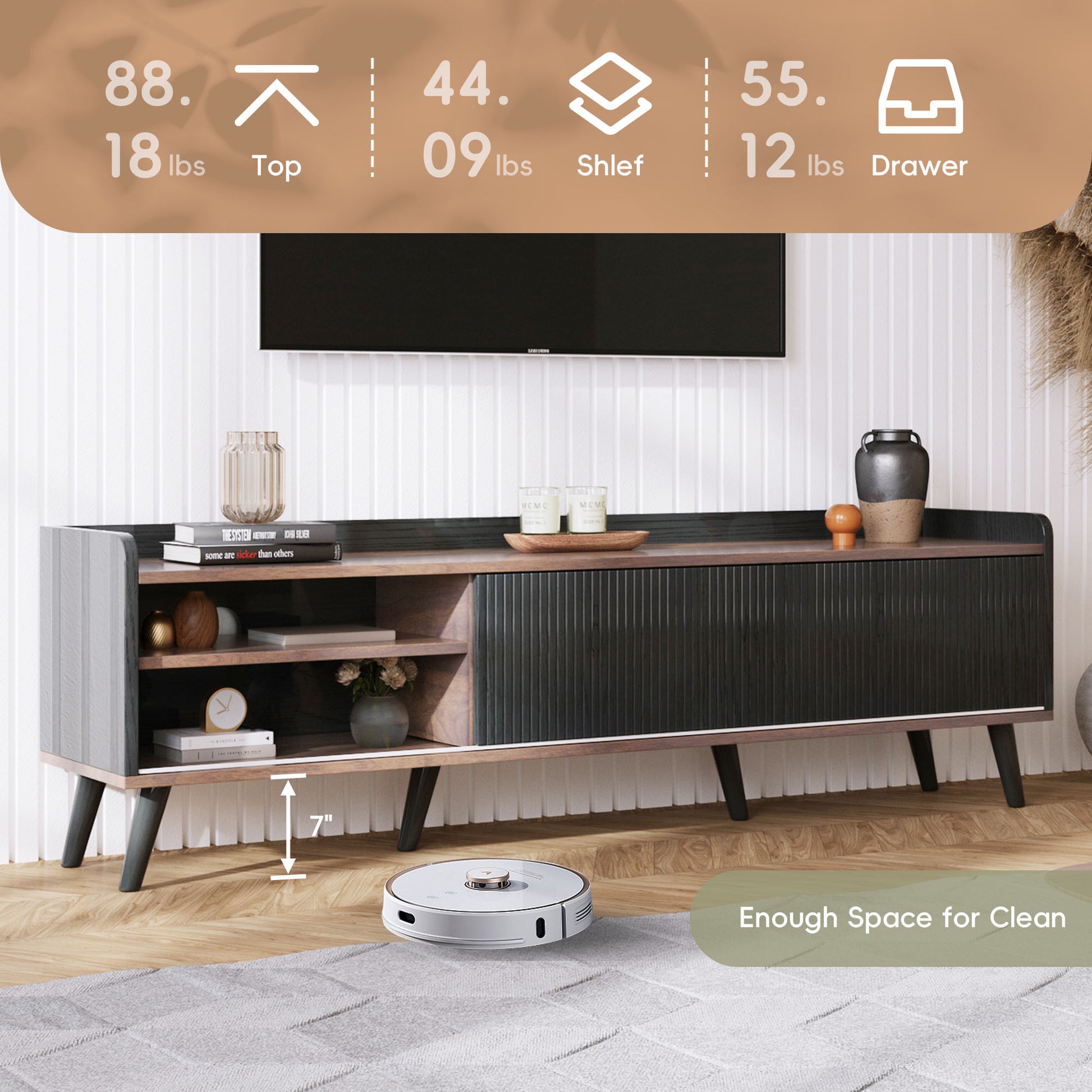 63'' Mid Century Tv Stand With 2 Cabinets& Open Compartments, Entertainment Center For Tvs Up To 70'', Television Console For Living Room, Bedroom, Home Theatre Dark Coffee Black Primary Living