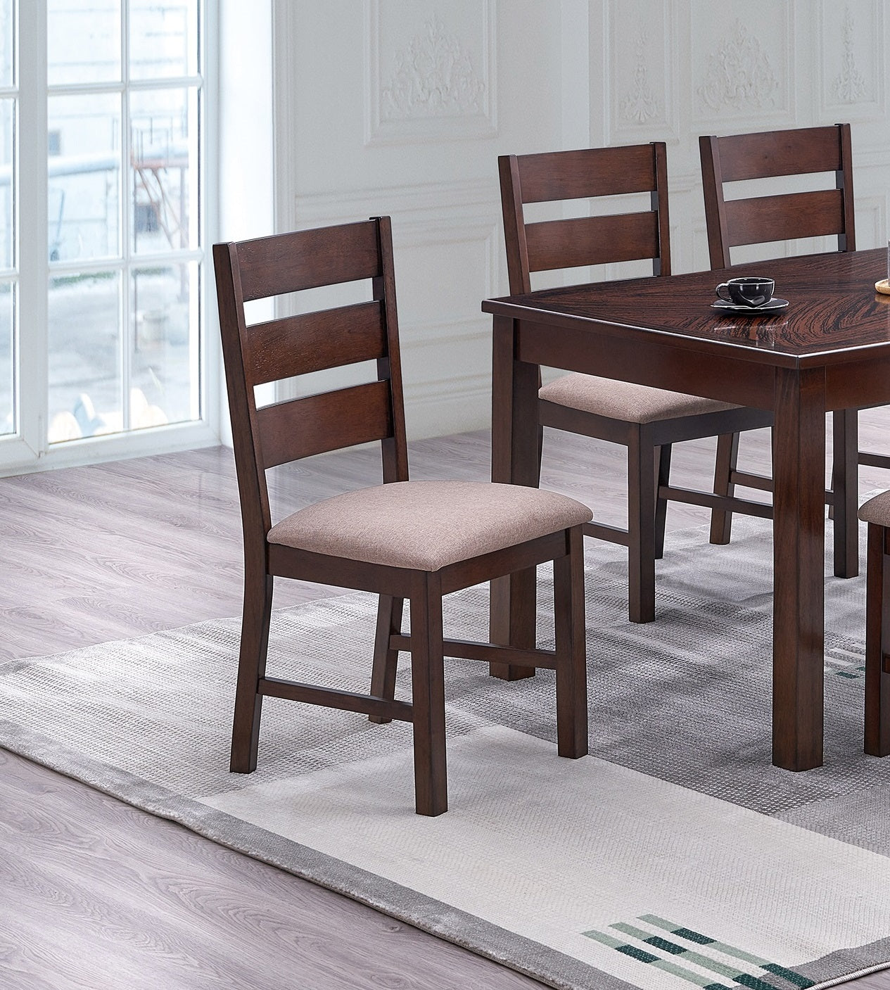 Contemporary Antique Cherry 7Pc Dining Set Table And 6X Side Chairs Melamine Table Top Fabric Cushion Seats Chairs Solid Wood Dining Room Furniture Upholstered Chair Wood Cherry Ladder Back Seats 6 Dining Room Solid Wood Classic,Contemporary,Modern