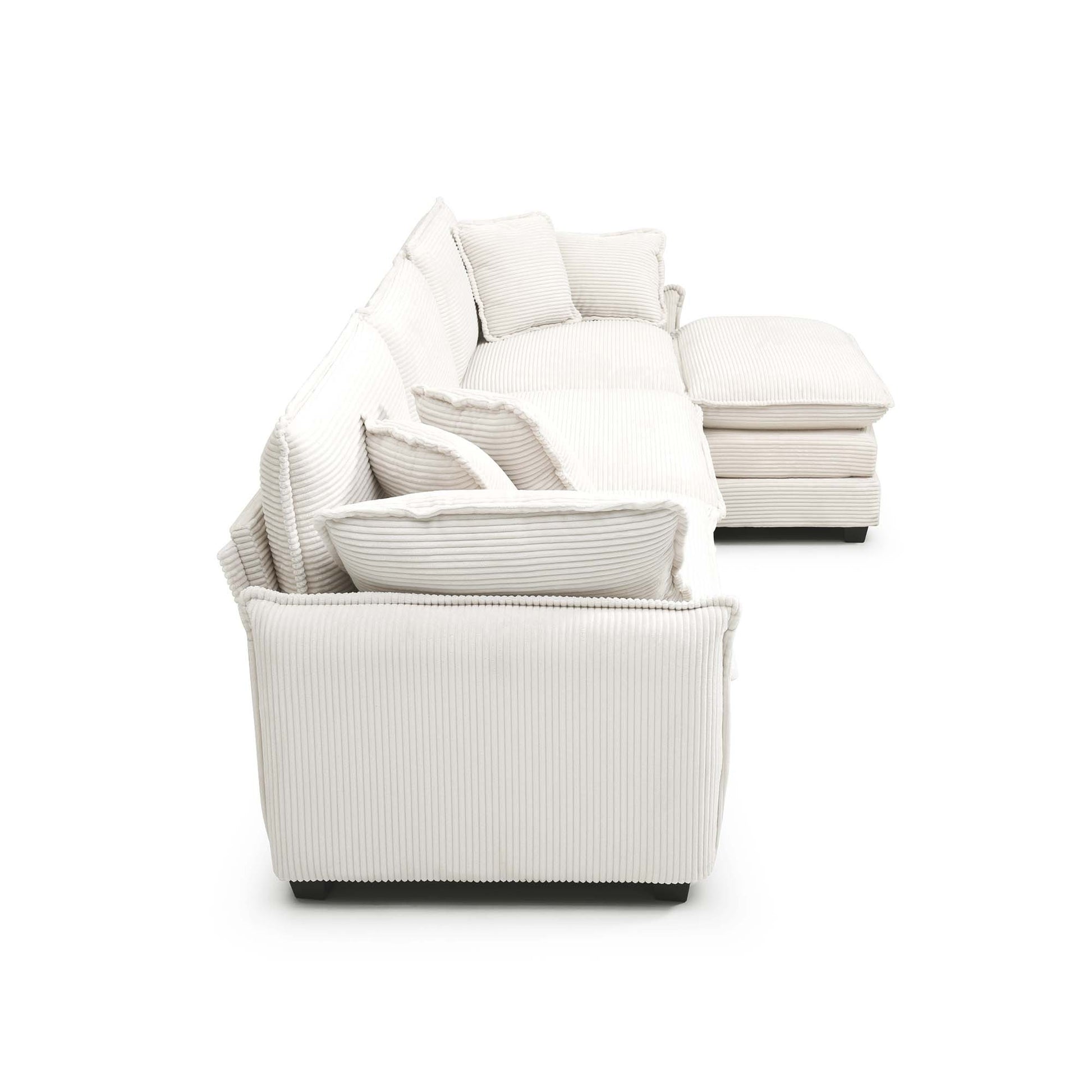 Oversize 3 Seater Sofa With One Footrest, L Shaped Sectional Sofa With Ottoman For Living Rooms, White Corduroy Sofa White Corduroy 3 Seat