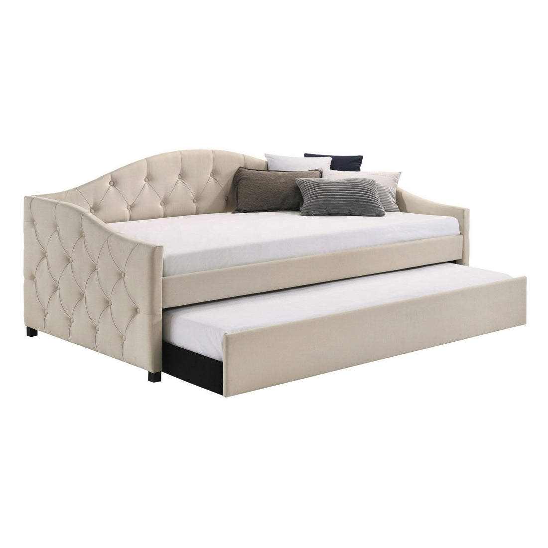 Mosh Twin Size Daybed With Trundle, Camelback, Taupe Fabric Upholstered Twin Taupe Mdf