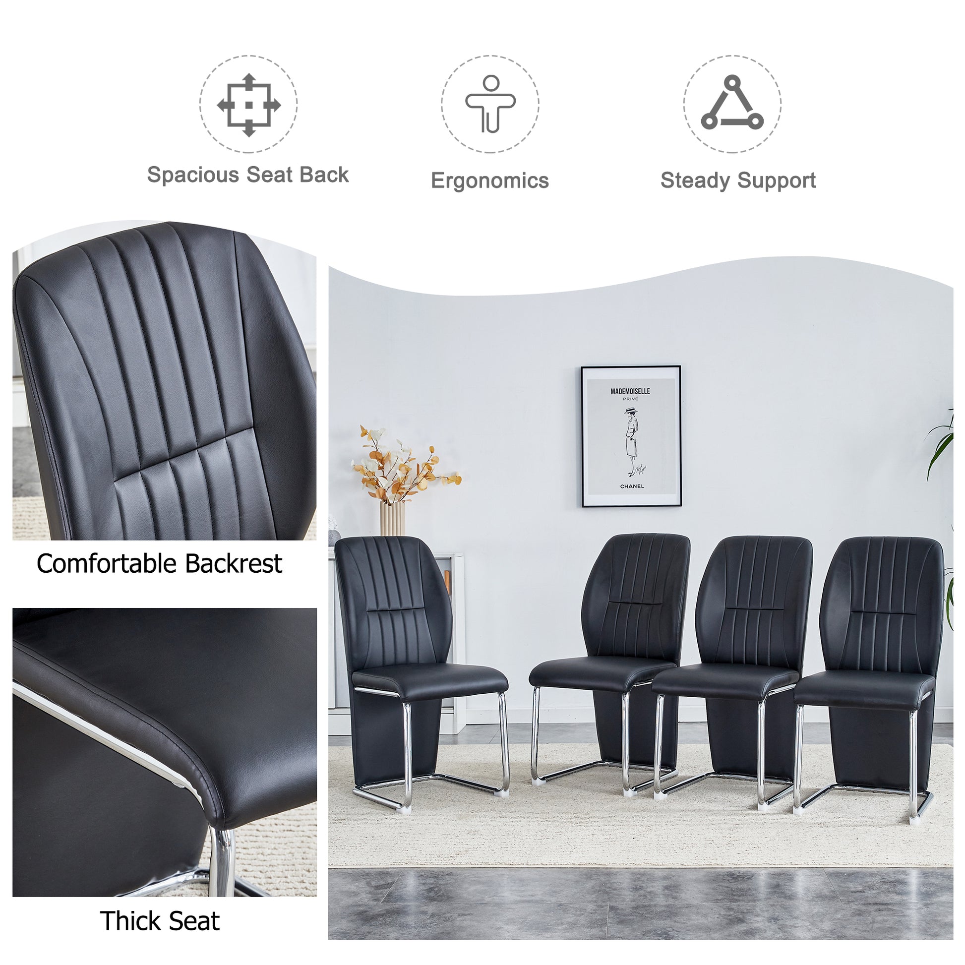 Table And Chair Set, Modern Luxurious White Imitation Marble Pattern Mdf Dining Table,Rectangular Dining Table, Matched With Uniquely Shaped Pu High Backrest Seats,Suitable For Various Occasions. White Black Seats 4 Mdf