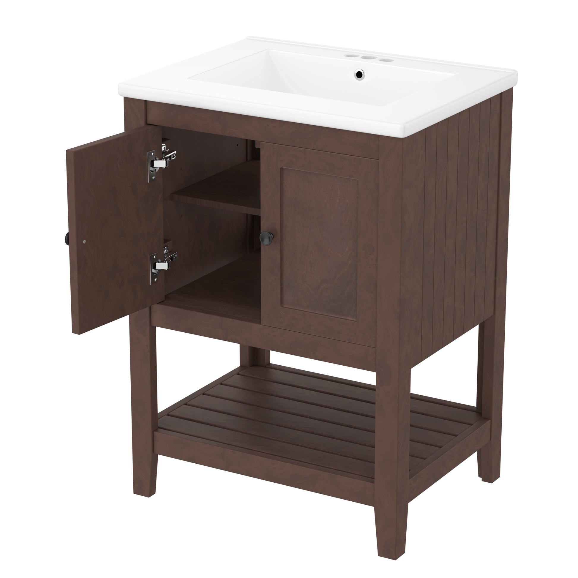 Video 24" Brown Modern Sleek Bathroom Vanity Elegant Ceramic Sink With Solid Wood Frame Open Style Shelf Brown Solid Wood Mdf