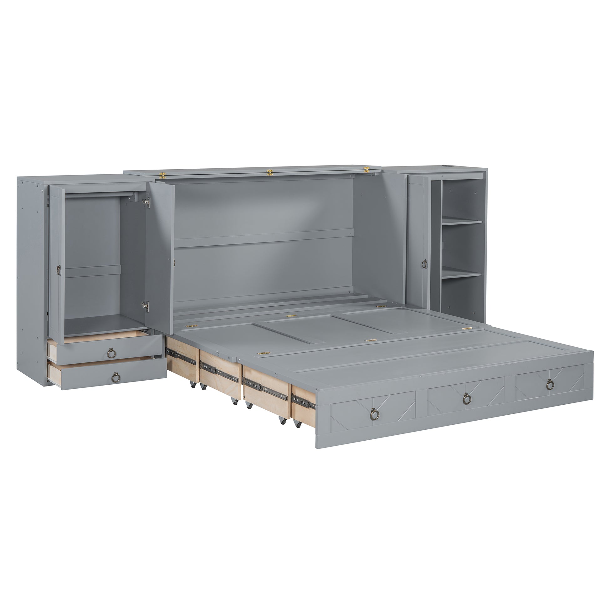 Queen Size Murphy Bed With Usb Port, Little Wardrobes And Drawers, Gray Queen Gray Particle Board Mdf