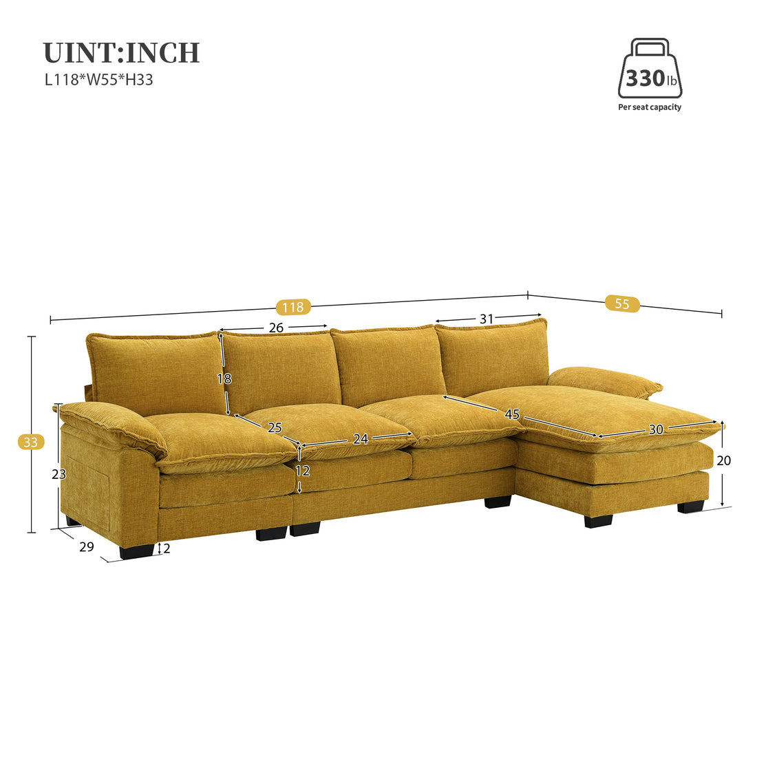 118*55" Modern L Shaped Chenille Cloud Sofa With Double Seat Cushions,5 Seat Upholstered Indoor Furniture,Sleeper Sofa Couch With Chaise Lounge For Living Room,Apartment,3 Colors Ginger Chenille 4 Seat