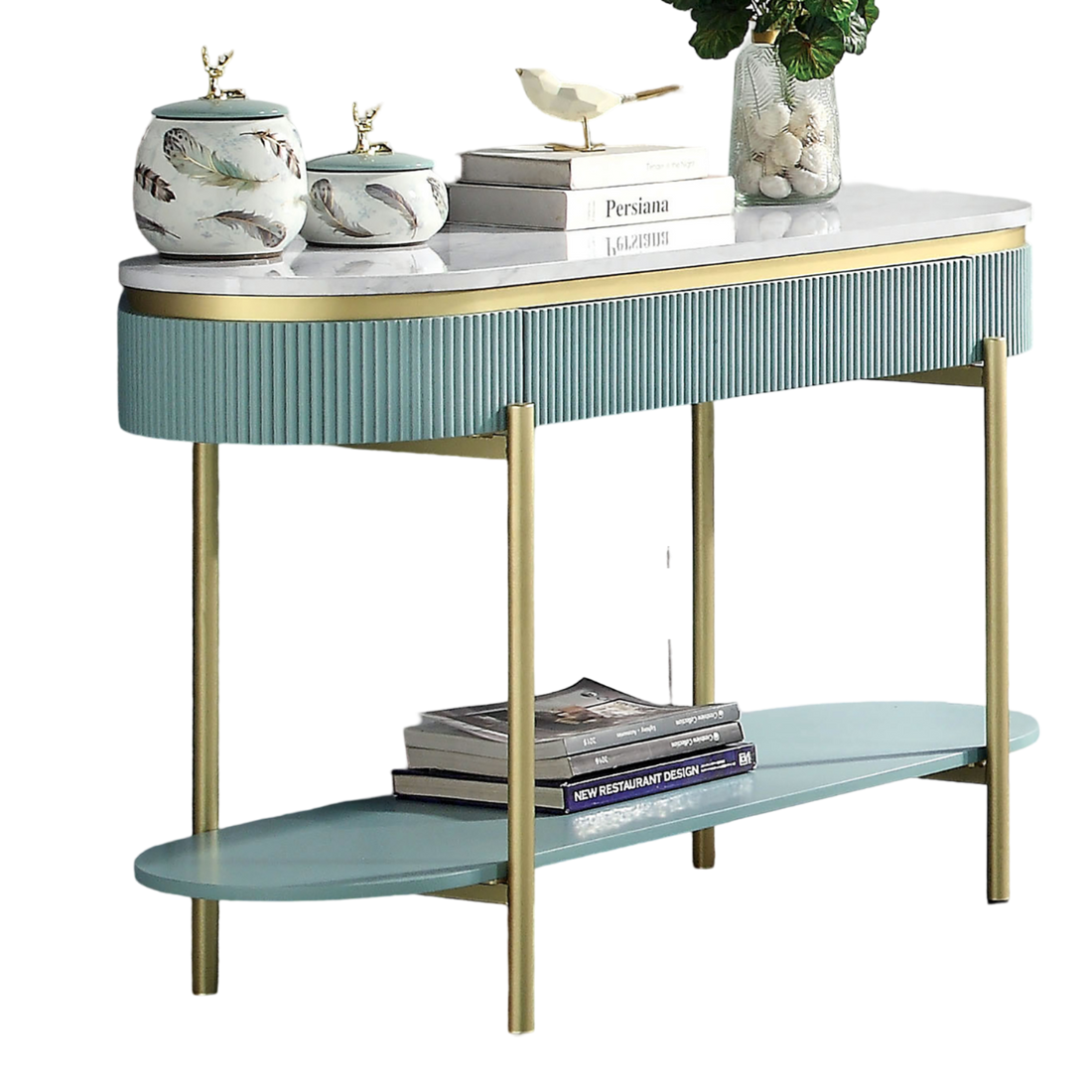 Glam Contemporary Light Teal 1Pc Sofa Table White Faux Marble Top Living Room Side Table Open Bottom Shelve Teal Primary Living Space Contemporary,Glam,Modern,Shabby Chic Metal