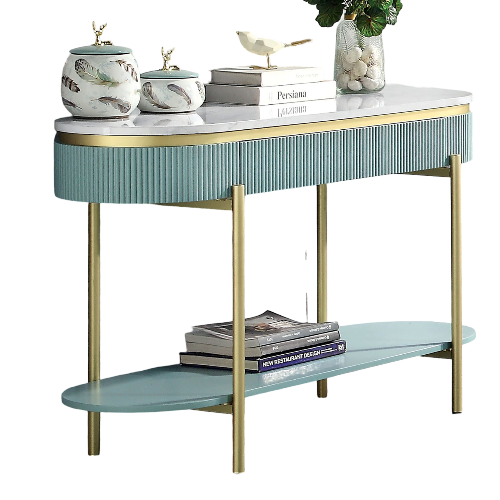 Glam Contemporary Light Teal 1Pc Sofa Table White Faux Marble Top Living Room Side Table Open Bottom Shelve Teal Primary Living Space Contemporary,Glam,Modern,Shabby Chic Metal