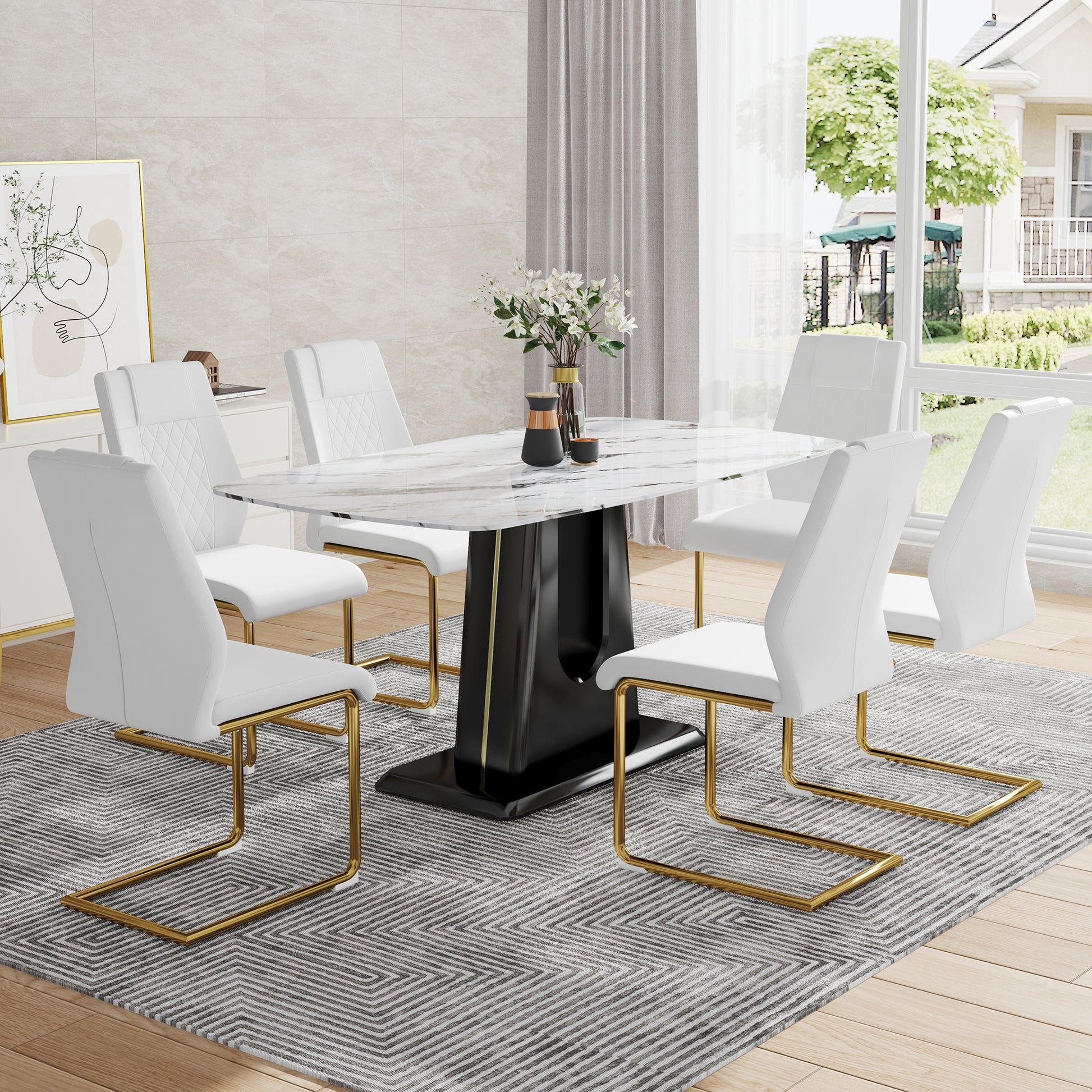 Table And Chair Set, Modern And Minimalist Dining Table, Imitation Marble Patterned Tabletop, Mdf Legs With U Shaped Brackets. Paired With Comfortable Chairs, Suitable For Dining And Living Rooms. Black Gold Mdf Glass