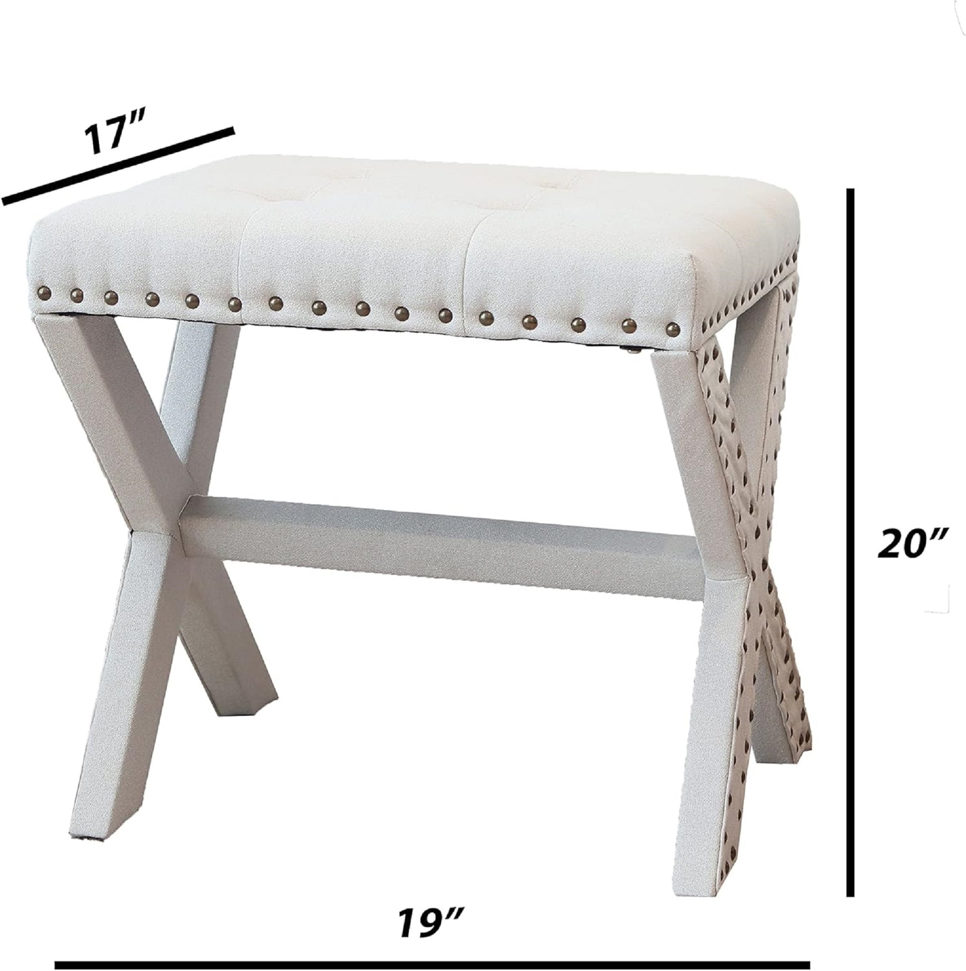 Set Of 2 Silver Modern Chic Vanity Stool Upholstered Chair Soft Linen Fabric Trim Tufted Seat And Solid Wood Frame Beige Beige Vanity Stools Polyester Bedroom Rectangular Beige Traditional Nailheads Wood