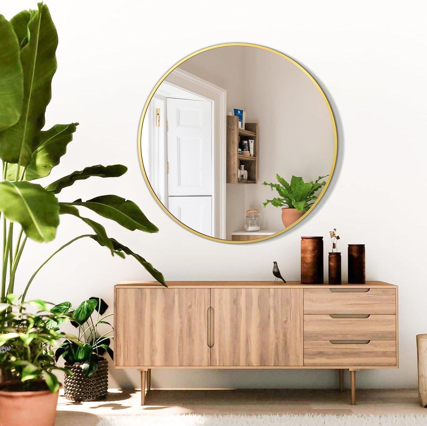 Gold 20 Inch Circle Mirror, Wall Mounted Mirror, Bathroom Mirrors For Over Sink, Circle Framed Mirrors For Bathroom, Living Room, Bedroom, Vanity, Entryway, Hallway Silver Aluminium