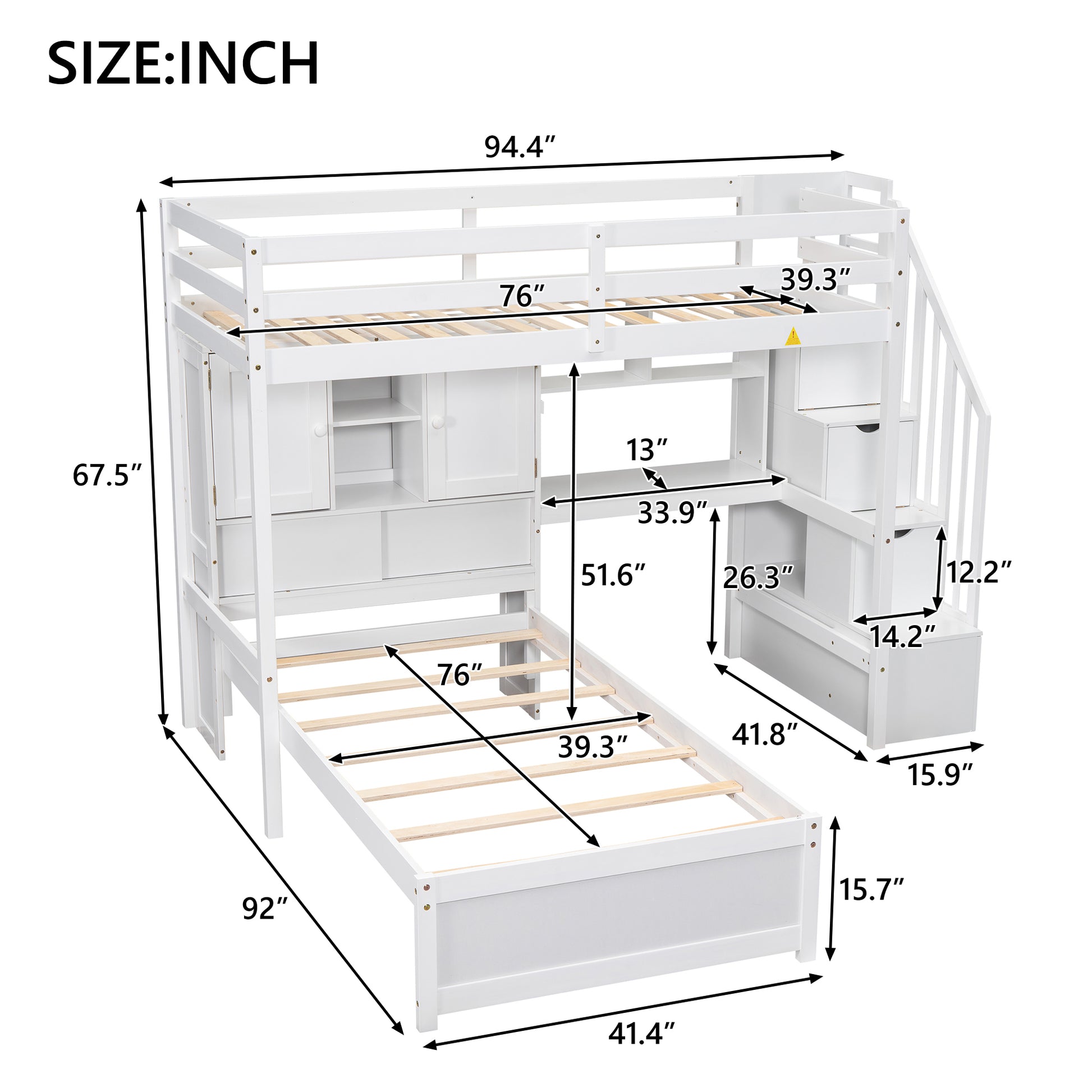 Twin Over Twin Loft Bed With Built In Desk And Staircase, With Storage Compartments And Shelves, White Twin Box Spring Not Required White Wood Pine