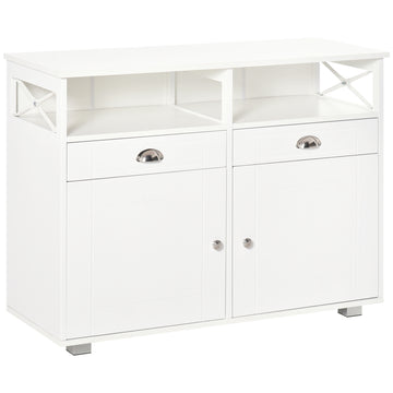 Homcom Sideboard Buffet Cabinet, Coffee Bar Cabinet, Kitchen Cabinet With Storage Drawers, Large Tabletop And Crossbar Side Design, White White Mdf