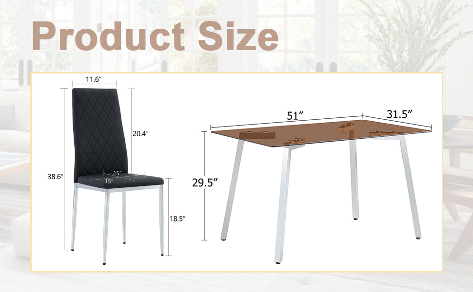 Table And Chair Set.Large Modern Rectangular Table With Brown Glass Top And Silver Metal Legs. Paired With 6 Black Chairs With Checkered Armless High Back Pu Cushion And Silver Metal Legs. Black,Silver Seats 6 Glass Metal