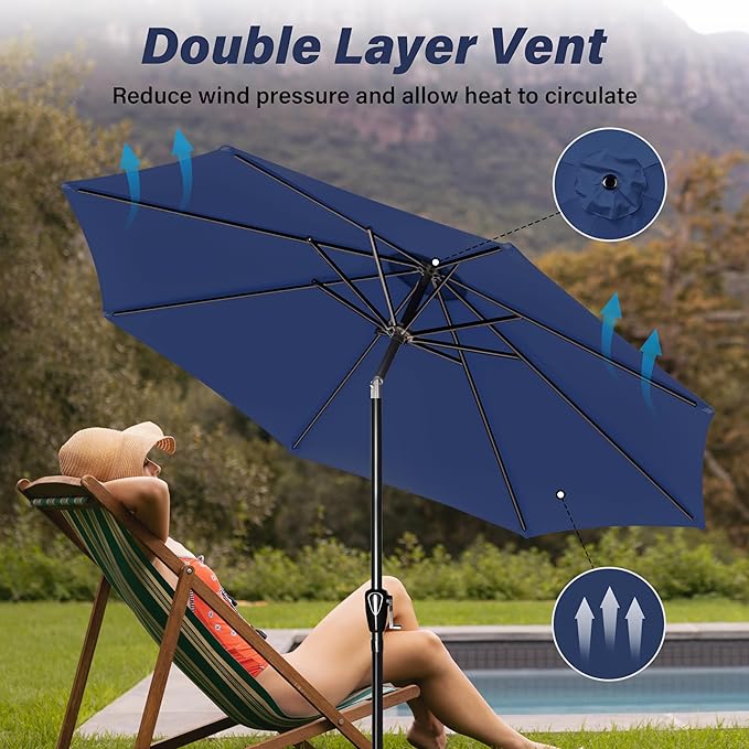 10Ft Outdoor Market Patio Umbrella With 8 Sturdy Ribs, Tilt Crank Push Button For Garden, Deck, Backyard And Pool Dark Blue Stainless Steel