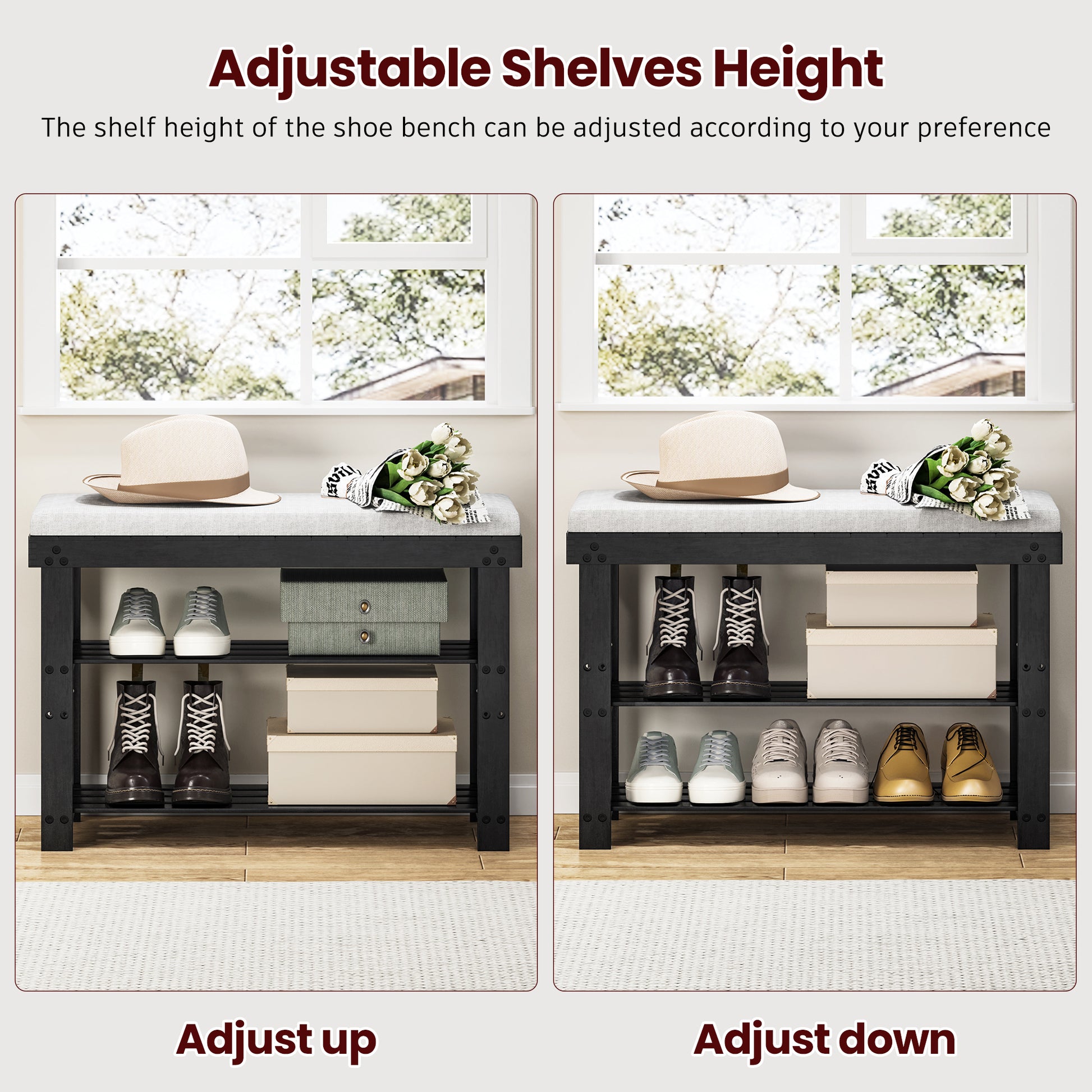 Bamboo Shoe Bench, 3 Tier Shoe Rack, Entryway Bench With Cushion And Adjustable Shelves, Shoe Rack For Entryway, Hallway, Mudroom And Living Room, Black Black Bamboo