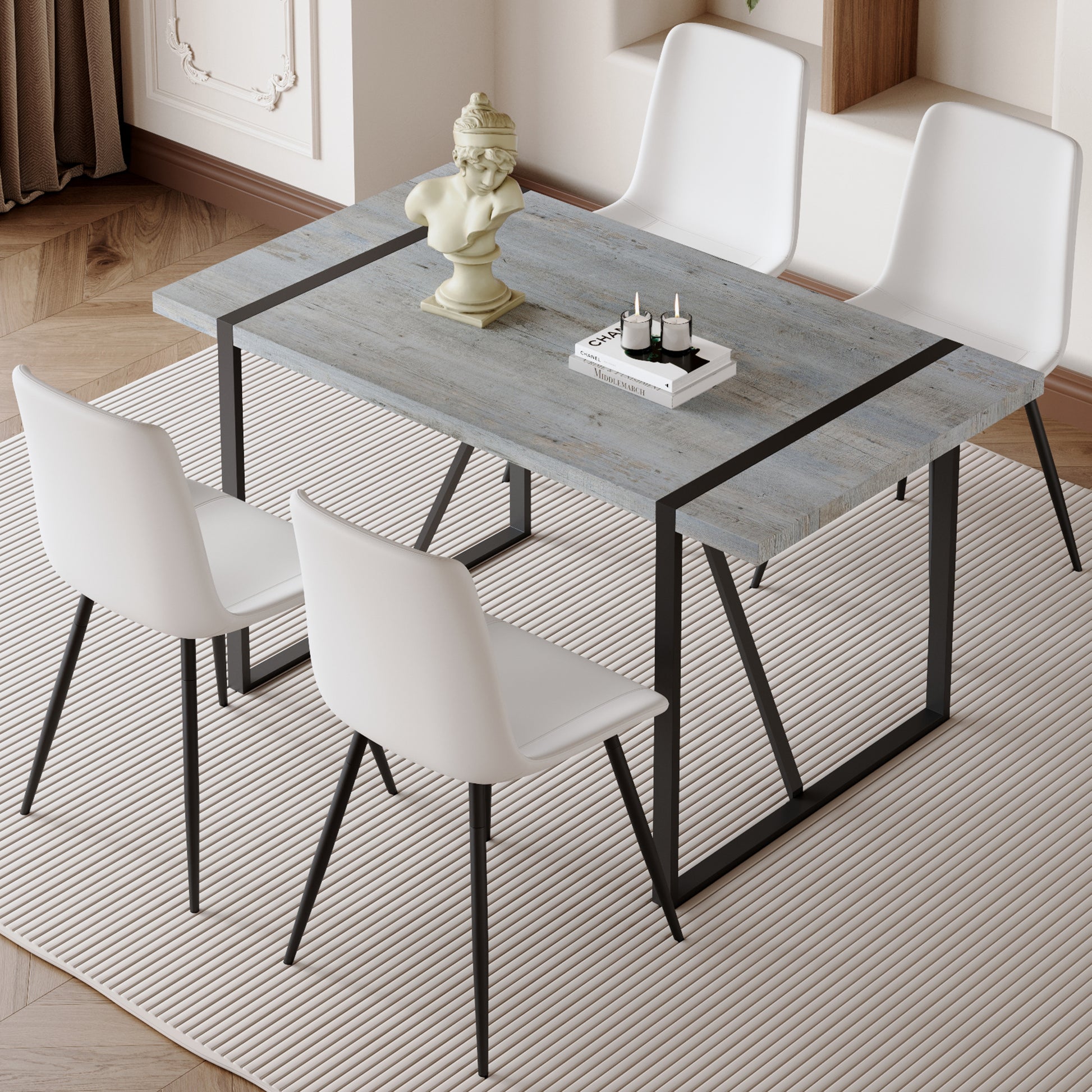 Table And Chair Set. Modern Minimalist Grey Marble Textured Mdf Dining Table With Metal Frame. Comes With Chairs With 4 Pu Cushions And Black Metal Legs. White Seats 4 Mdf Metal