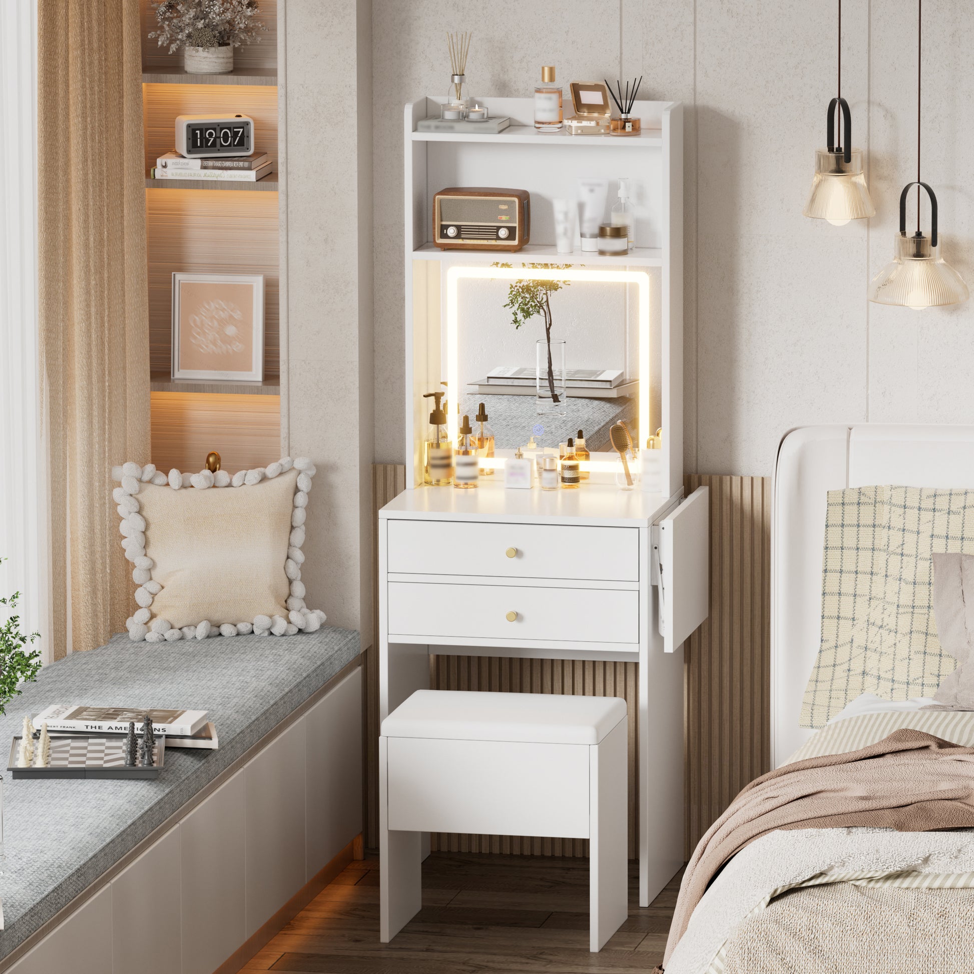 Small Space Vanity Table Set With 3 Adjustable Lighted Mirror And Storage Chair, Makeup Vanity Table For Small Space, White Dressing Table With Fold Up Panel For Bedroom Hinged White White Drawer 2