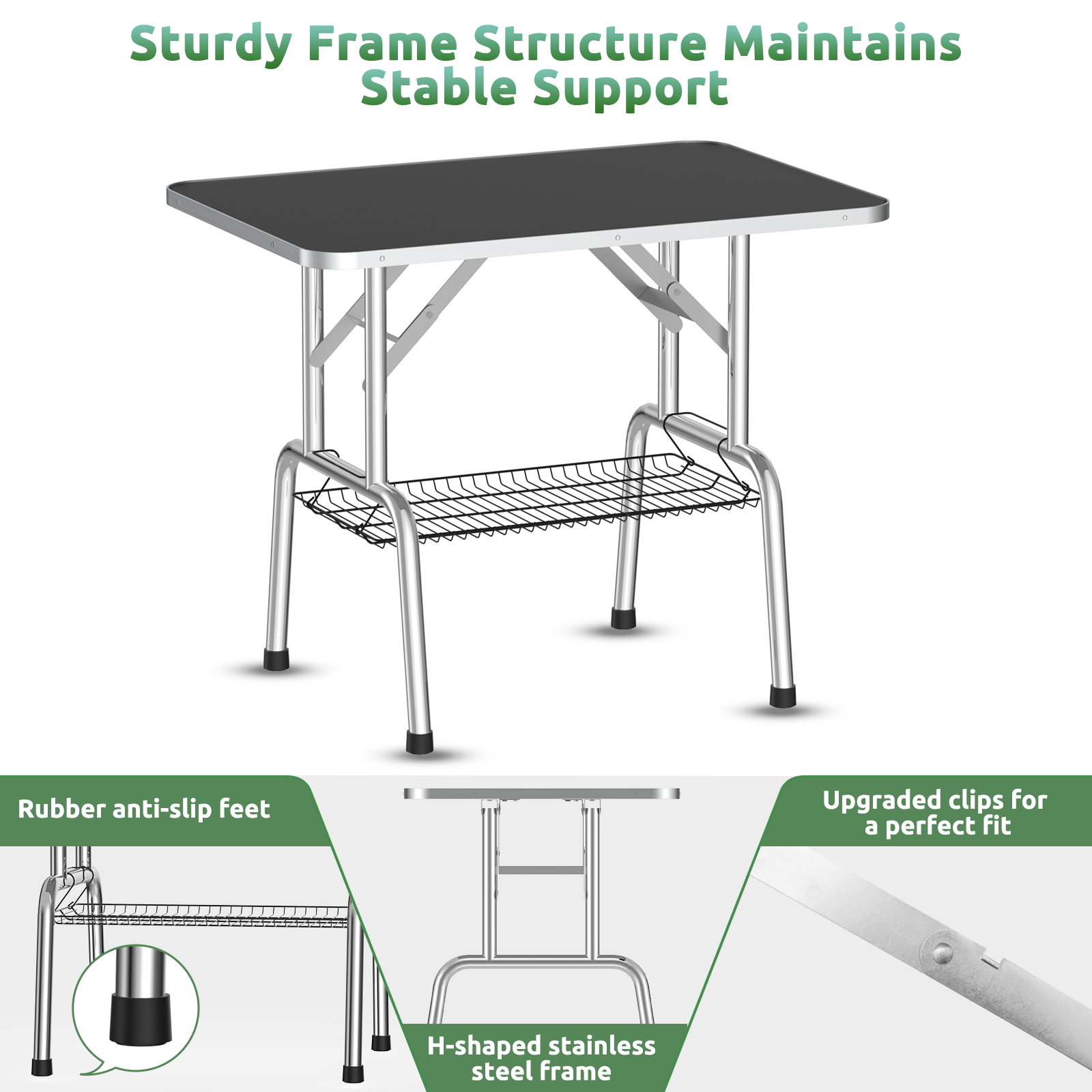 46 Inch Foldable Dog Grooming Table For Home With Adjustable Arm, Noose, Non Slip Surface, And Storage Mesh Tray Black Mdf Metal