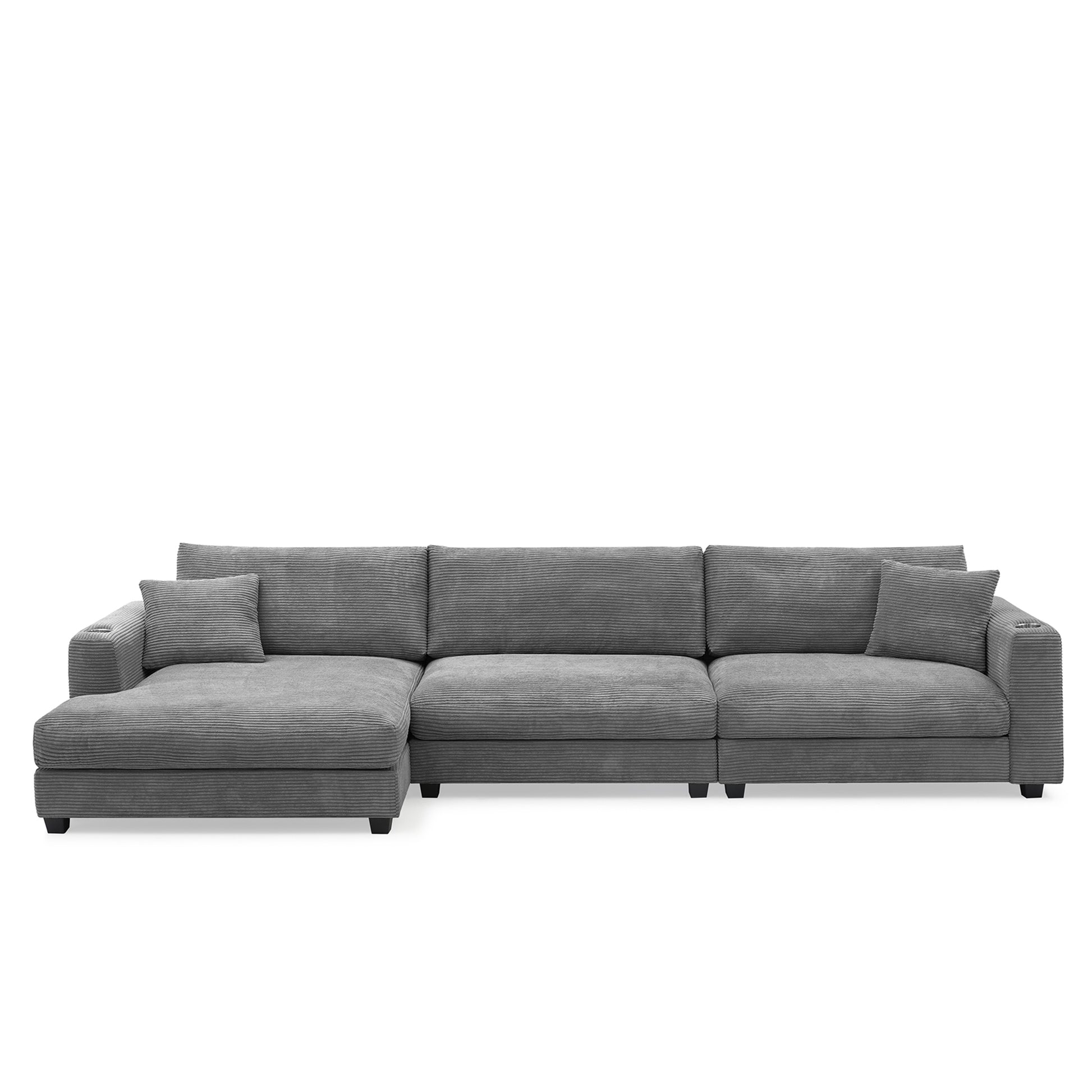 134*54"Oversized Corduroy Sectional Sofa,L Shaped Cloud Couch With Usb Charging Port,Cup Holder,Deep Seat Sofa Bed With 50" Chaise,Comfy Indoor Furniture For Living Room,3 Colors Gray Corduroy 4 Seat