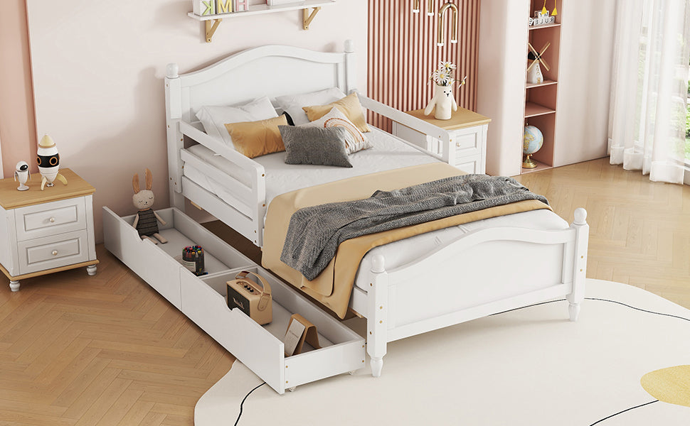 Twin Size Wood Platform Bed With Guardrails On Both Sides And Two Storage Drawers ,White Twin White Wood