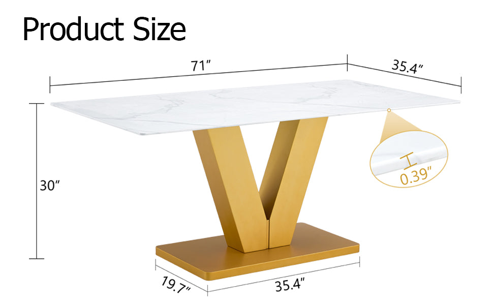 Marble Style White Dining Table For 4 8 People With 0.4 "Table Top And V Shaped Gold Mdf Table Legs Ideal For Kitchens, Dining Rooms, Living Rooms And Banquet Halls Gold Mdf Glass