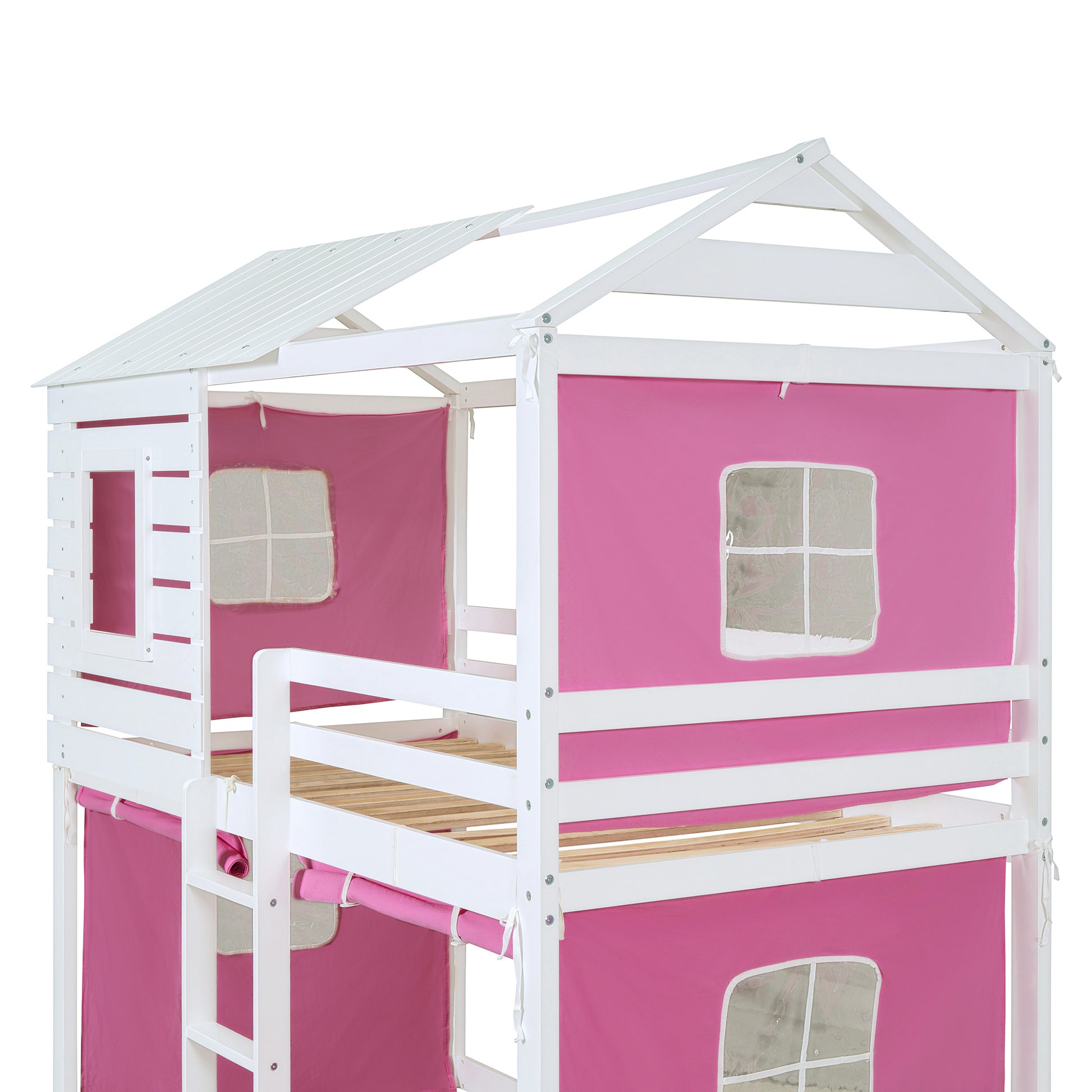 Twin Size Bunk Wood House Bed With Tent, Pink White Twin Pink White Solid Wood Mdf