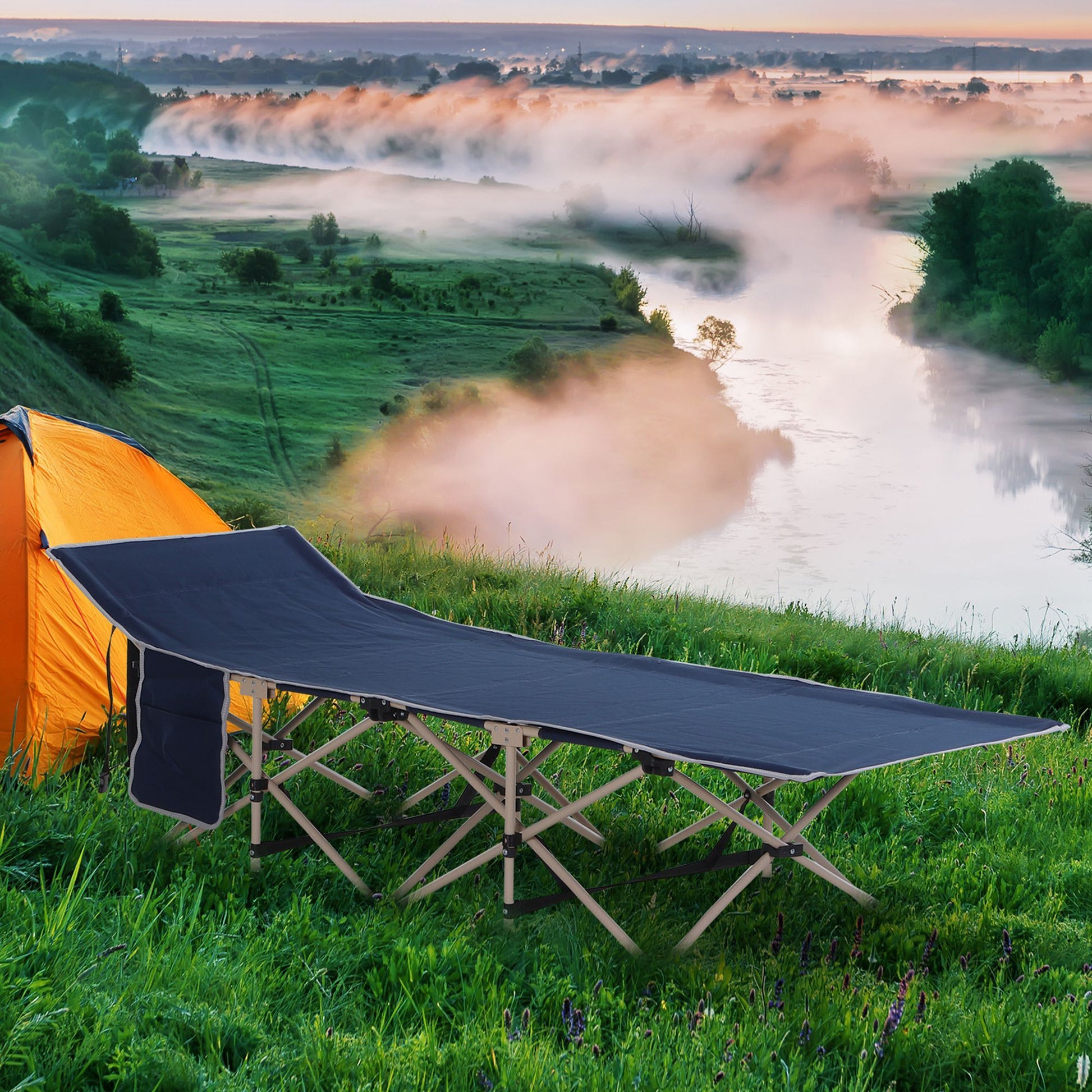 Outsunny Folding Camping Cot For Adults With Carry Bag, Side Pocket, Outdoor Portable Sleeping Bed For Travel, Camp, Vacation, 330 Lbs. Capacity, Blue Blue Steel