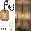 Plug In Pendant Light With Led Bulb, Rattan Hanging Lamp With 16Ft Dimmable Cord, Hand Woven Wicker Plug In Chandelier, Boho Hanging Lights Fixture With Plug In Cord For Bedroom Hallway Foyer Brown Rattan Metal