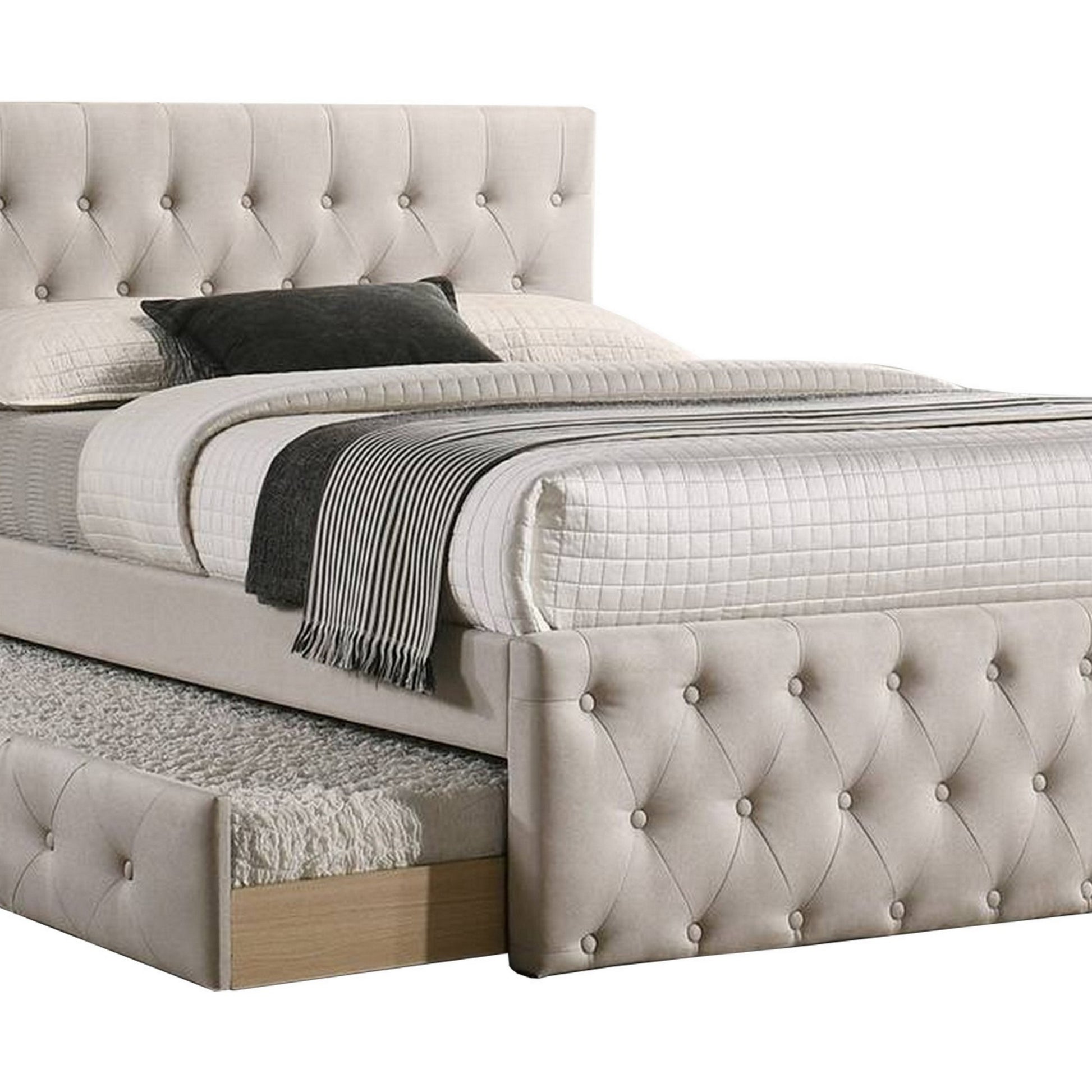 Nek Wood Twin Size Upholstered Bed With Trundle, Tufted, Taupe Burlap Frame Twin Taupe Mdf