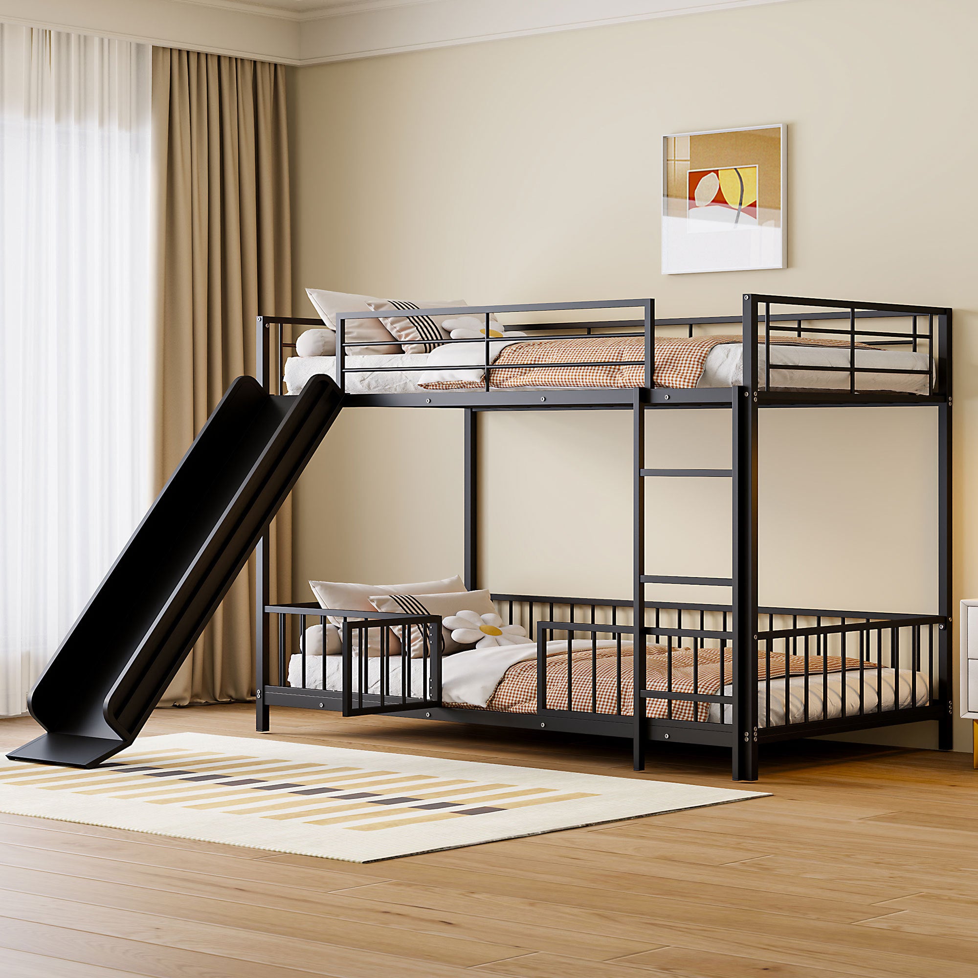 Twin Over Twin Size Metal Bunk Bed With Slide And Guardrails, Black Twin Black Metal