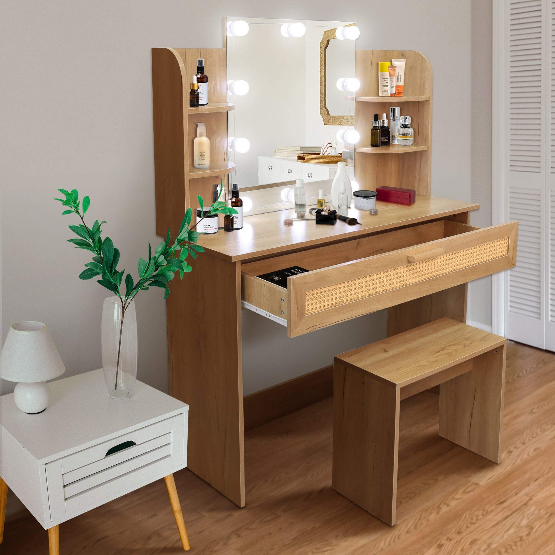 Vanity Desk Set Stool & Dressing Table With Led Lighting Mirror Drawer And Compartments Modern Wood Cosmetic Table Chest Of Drawers Nature Color Natural Wood Particle Board