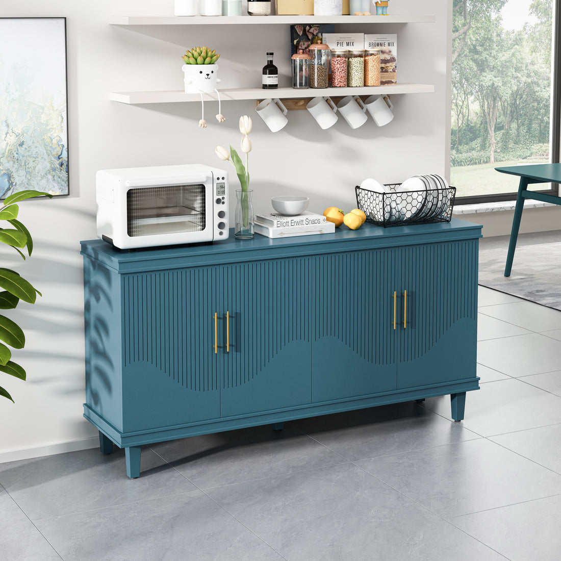 59.84''Large Size 4 Door Cabinet, Same As Living Room, Kitchen, Bedroom, Hallway Blue Blue Solid Wood Mdf