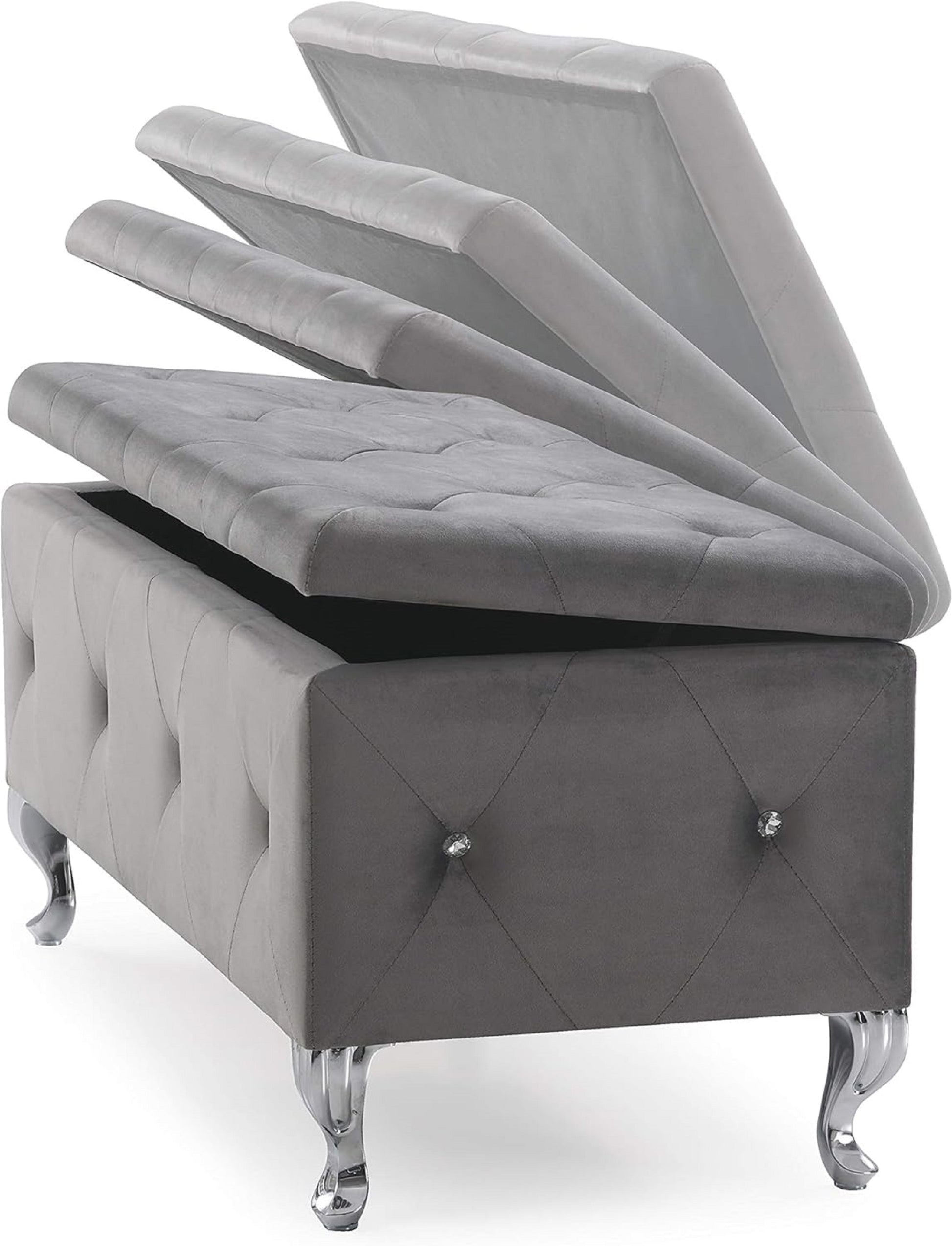 1Pc Glam 38 Inches Storage Ottoman Bench For Upholstered Tufted Silver Faux Leather Organizer Bedroom Living Room Entryway Hallway Tufted Silver Faux Leather Primary Living Space Solid Traditional Foam Faux Leather