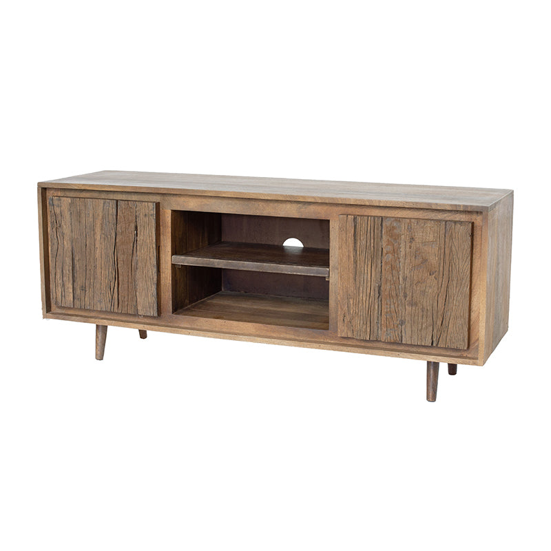 55X16X22.5" Tv Cabinet With Recycle Wood 2 Door Brown Wood