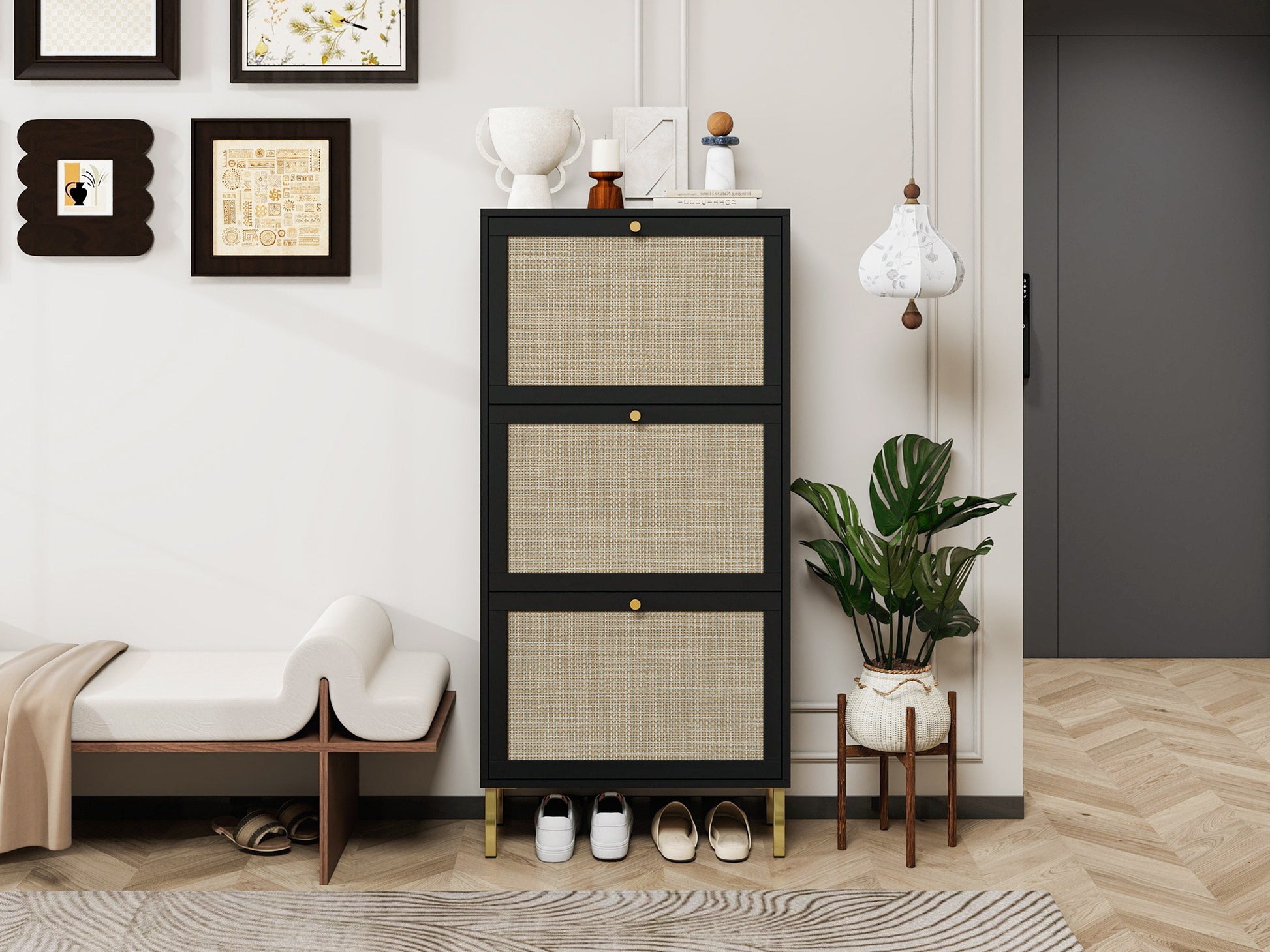 Rattan 3 Door Shoe Rack, Freestanding Modern Shoe Storage Cabinet, For Entryway Black Particle Board