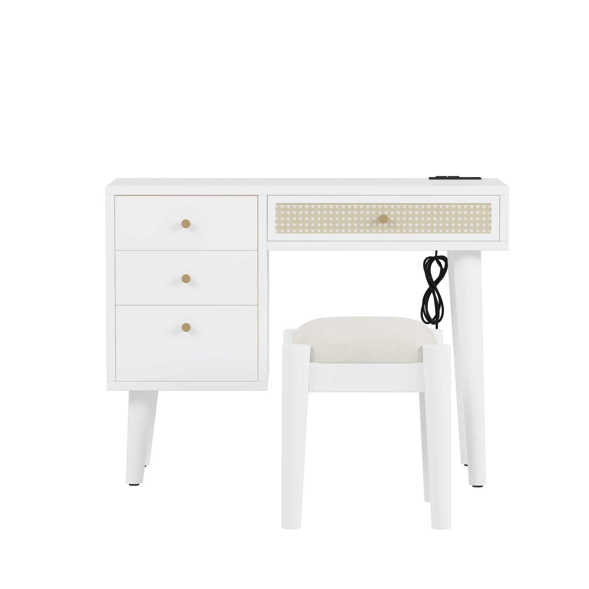 39" Retro Bohemian Style Wooden Makeup Vanity Set With Charging Plug&Usb Port And Stool, Dressing Table With 3 Storage Drawers And 1 Rectangular Rattan Drawer, White White 4 Drawers Wood