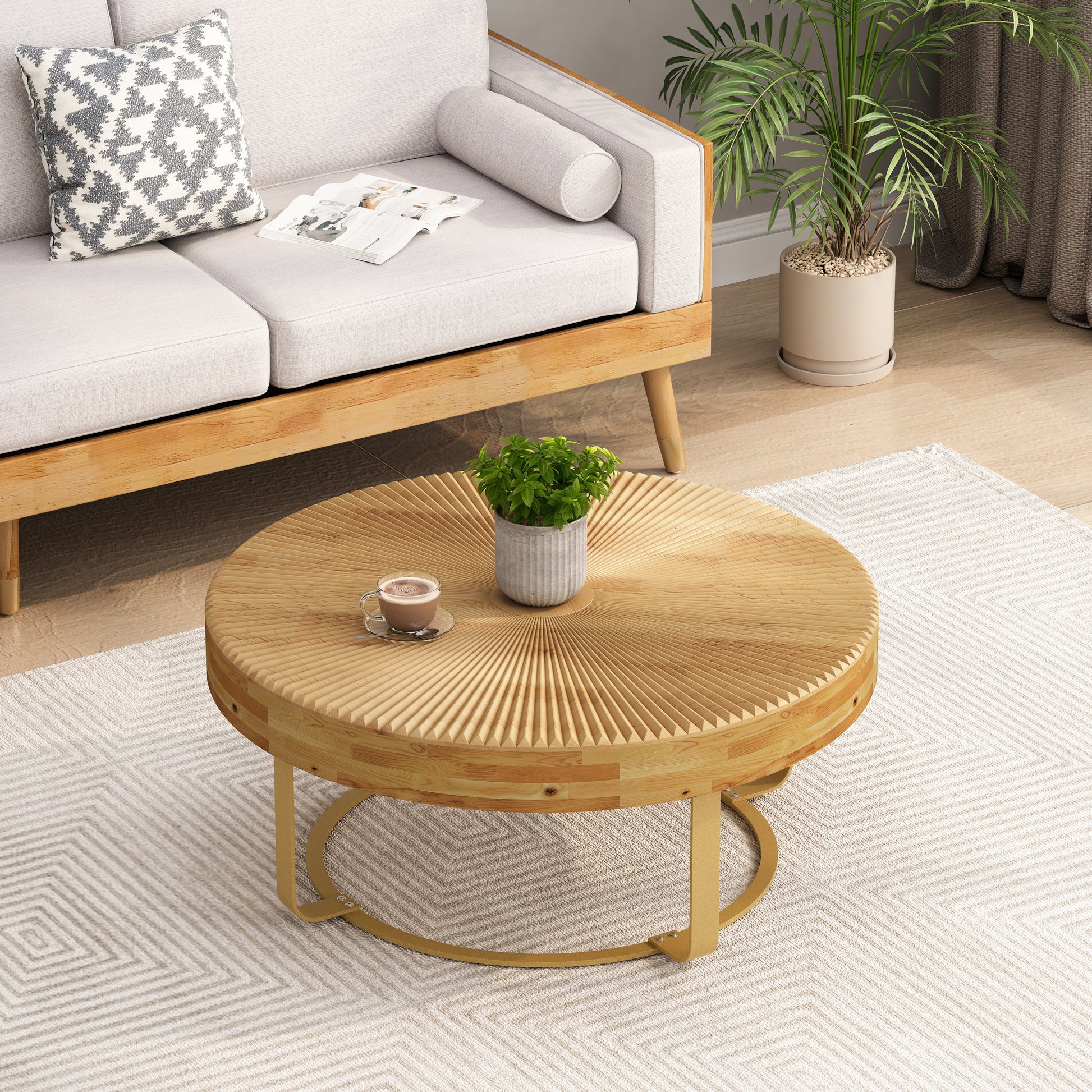 Modern Round Coffee Table Wooden Carving Pattern Coffee Table With Metal Legs For Living Room Reception Room Office Golden Natural Gold Pine