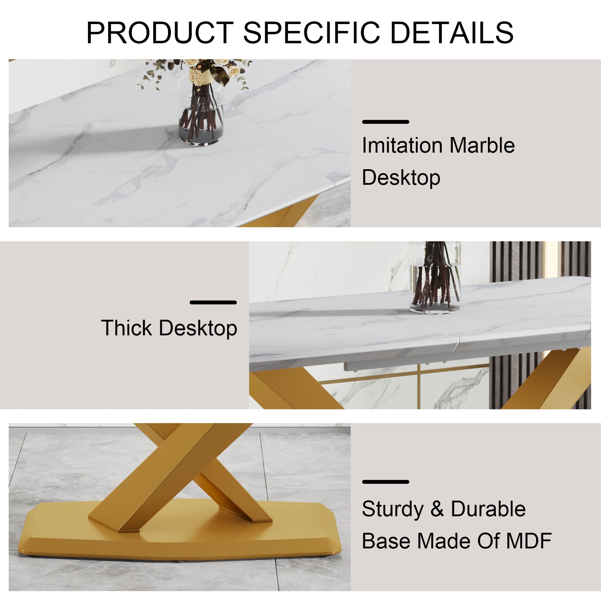 Large Modern Minimalist Rectangular White Imitation Marble Dining Table For 6 8 People With Mdf Top And Golden Legs, F 1551 Gold Mdf