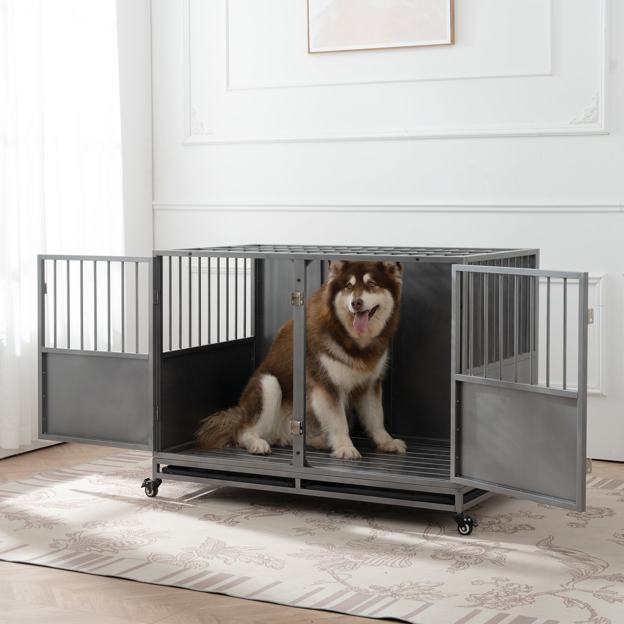 48Inch Heavy Duty Dog Crate Silver Grey American Traditional Extra Large 71 90 Lbs Carbon Steel