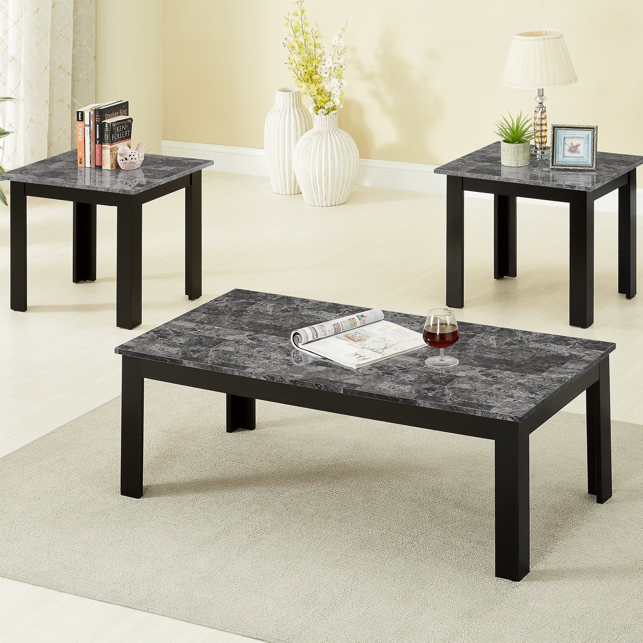 3Pc Set Traditional Style Rectangular Coffee Table Square Shape End Table Wooden Legs Black Finish Faux Marble Top Wooden Furniture Gray Finish Gray Gray Primary Living Space Traditional Rectangular