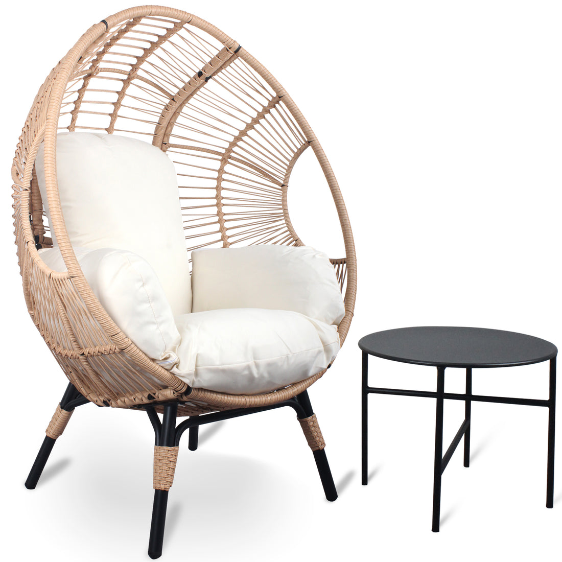 Patio Pe Wicker Egg Chair Model 2 With Natural Color Rattan Beige Cushion And Side Table Yes Natural Complete Patio Sets Foam Steel