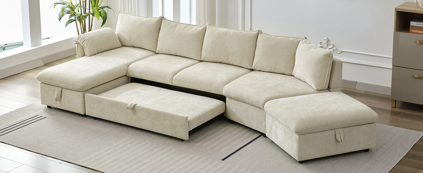 146.9" L Shaped Sofa Sectional Sofa Couch Pull Out Sofa Bed With A Movable Storage Ottoman, A Storage Chaise Lounge And Two Usb Ports For Living Room, Beige Beige Foam Linen 5 Seat