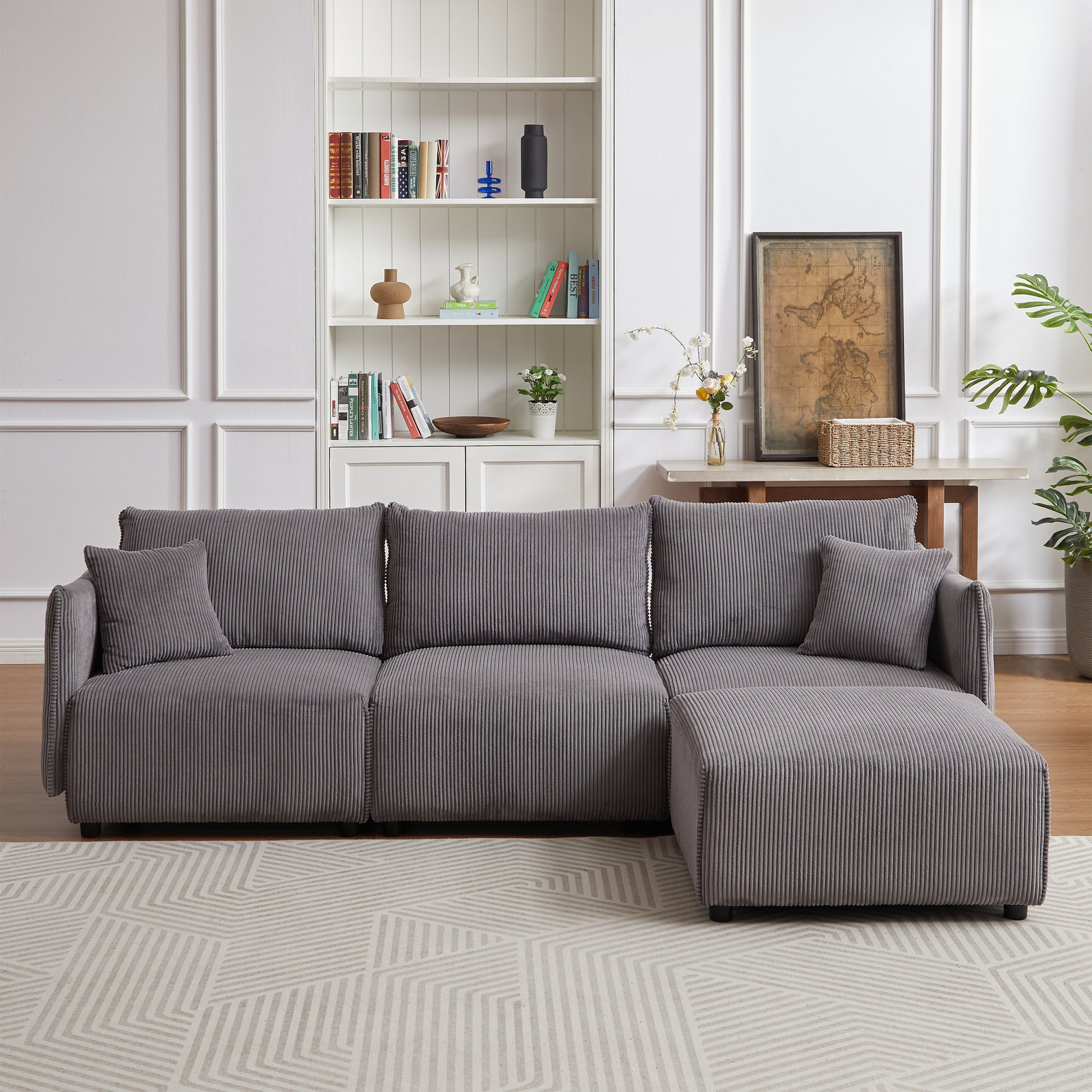 Multi Module Combination Style Sofa For Living Room, Bedroom And Other Lounge Spaces, Modern Minimalist Corduroy Combination Sofa With 2 Comfort Cushions With Usb & C Charging Ports,Gray,Two Sets Gray Foam Fabric 8 Seat