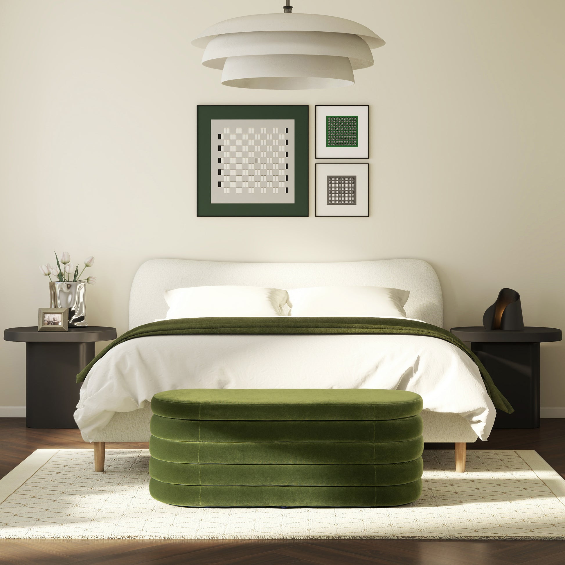 Fuji 49" Upholstered Oval Storage Bench, Olive Green Performance Velvet Olive Green Foam Velvet