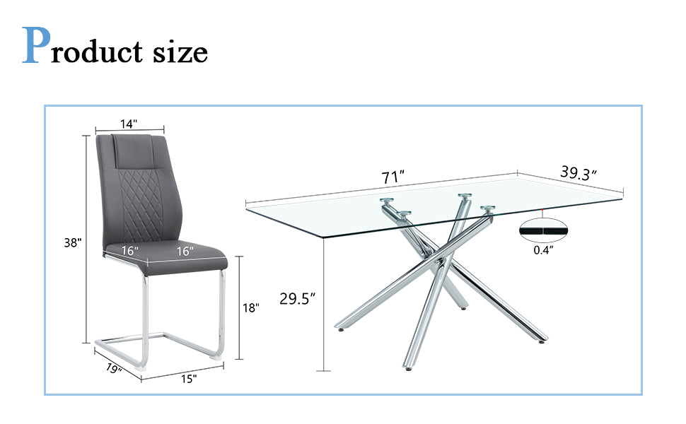 Table And Chair Set.Modern Luxurious Transparent Tempered Glass Dining Table Set With 6 Chairs.Single Fork Silver Metal Table Legs.Dark Gray High Quality Pu Dining Chairs With Silver Metal Legs.