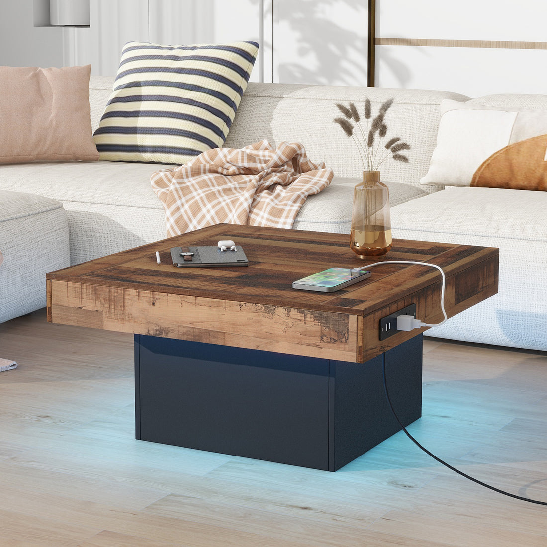 31.4'' X 31.4'' Farmhouse Coffee Table With 2 Usb Ports And Outlets, Brown Spliced Wood Grain Center Table With Led Light, Rustic Cocktail Table With Charging Station For Living Room, Black Black Primary Living Space Square Particle Board