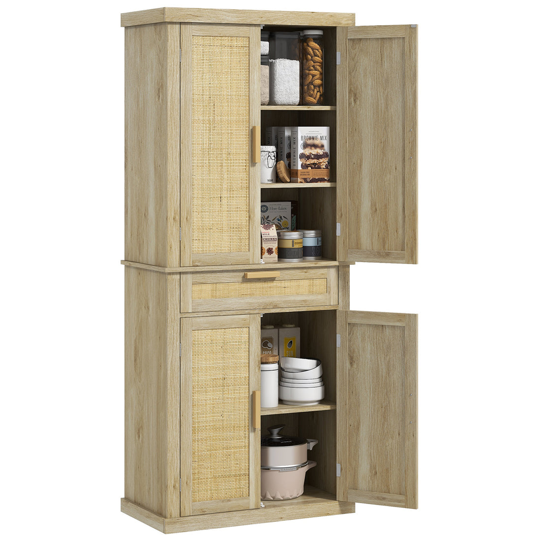 Homcom 72" Tall Pantry Cabinet With Rattan Decorated Panel, Freestanding Boho Kitchen Storage Cabinet With 4 Doors, Drawer, 5 Tier Shelf And Adjustable Shelves, Oak Oak Particle Board