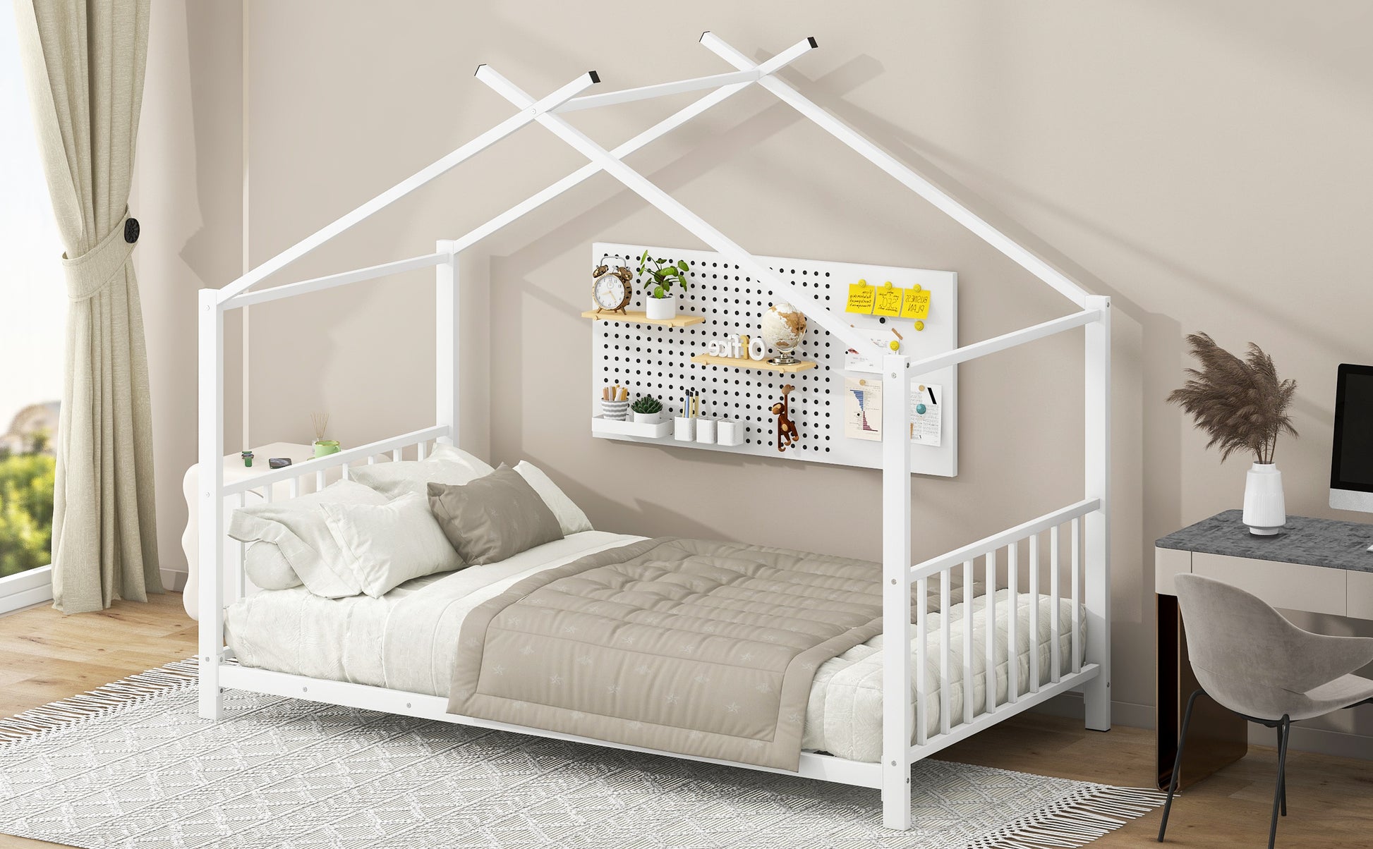 Twin Size Metal House Platform Bed, White Box Spring Not Required Twin White Metal Bedroom Bed Frame Metal